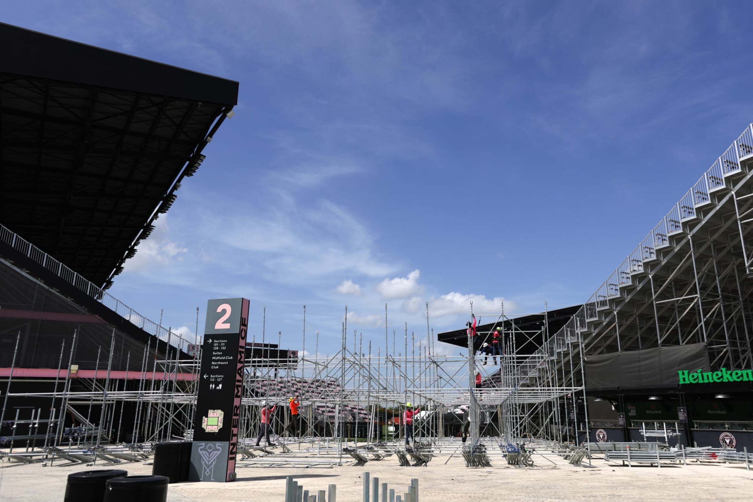 FORT LAUDERDALE, FLORIDA - JULY 12: Workers construct additional seating at DRV PINK stadium ahead of Lionel Messi’s unveiling on July 16th with Inter Miami CF on July 12, 2023 in Fort Lauderdale, Florida. (Photo by Megan Briggs/Getty Images)