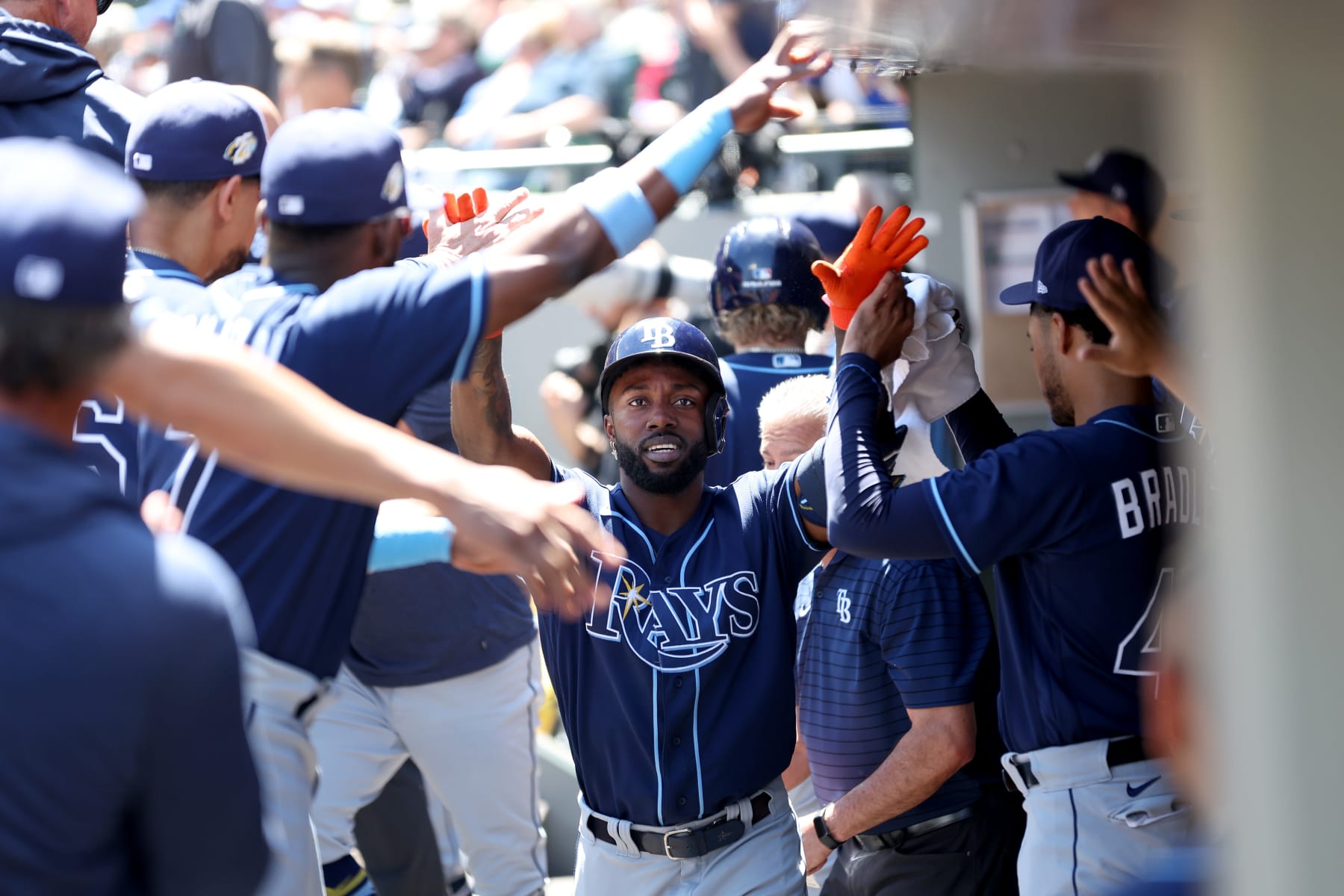 SEATTLE, WASHINGTON - JULY 02: Randy Arozarena #56 of the Tampa Bay Rays celebrates his home run during the first inning against the Seattle Mariners at T-Mobile Park on July 02, 2023 in Seattle, Washington. (Photo by Steph Chambers/Getty Images)