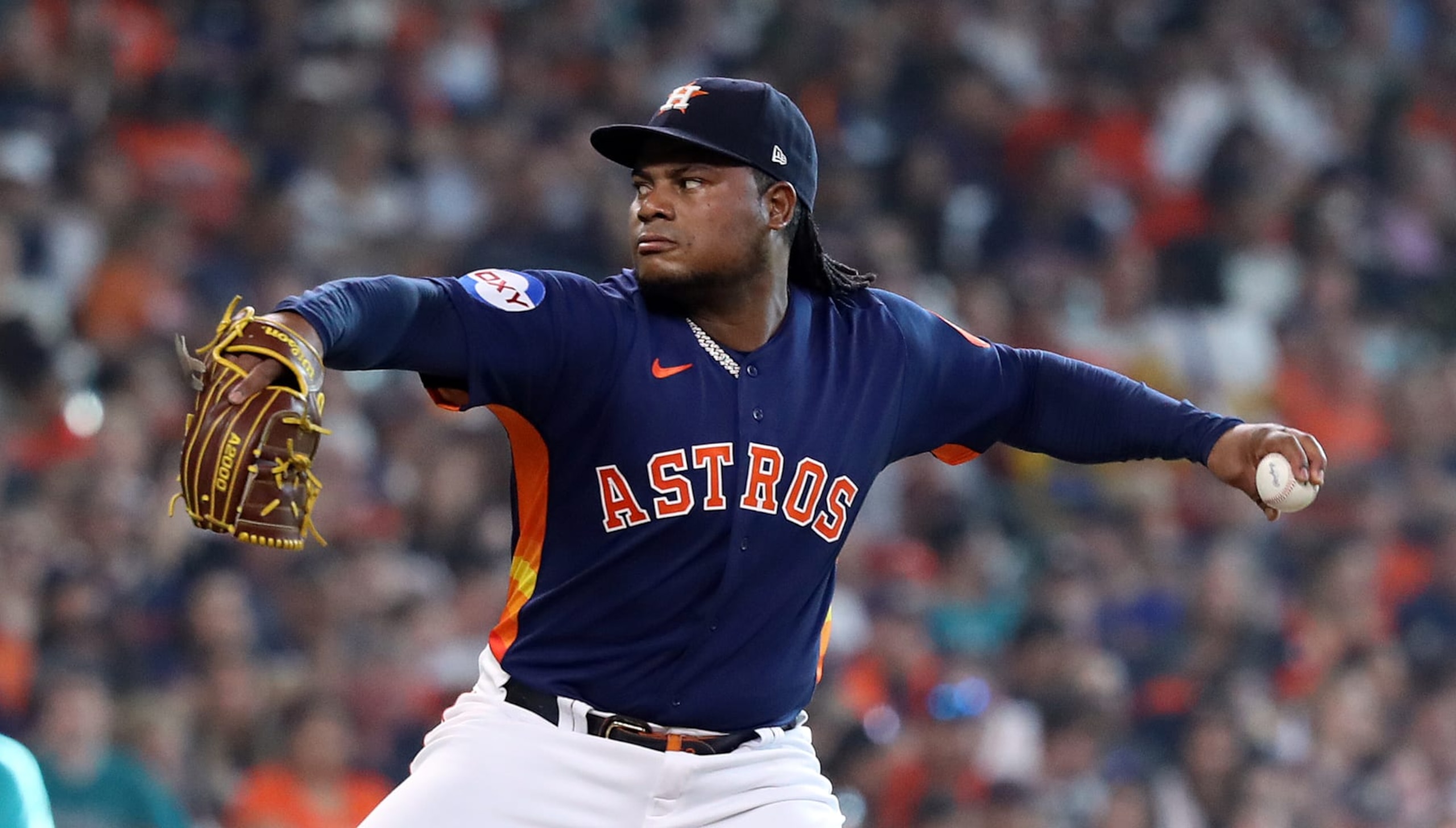HOUSTON, TEXAS - JULY 08: Framber Valdez #59 of the Houston Astros pitches in the first inning against the Seattle Mariners at Minute Maid Park on July 08, 2023 in Houston, Texas. (Photo by Bob Levey/Getty Images)