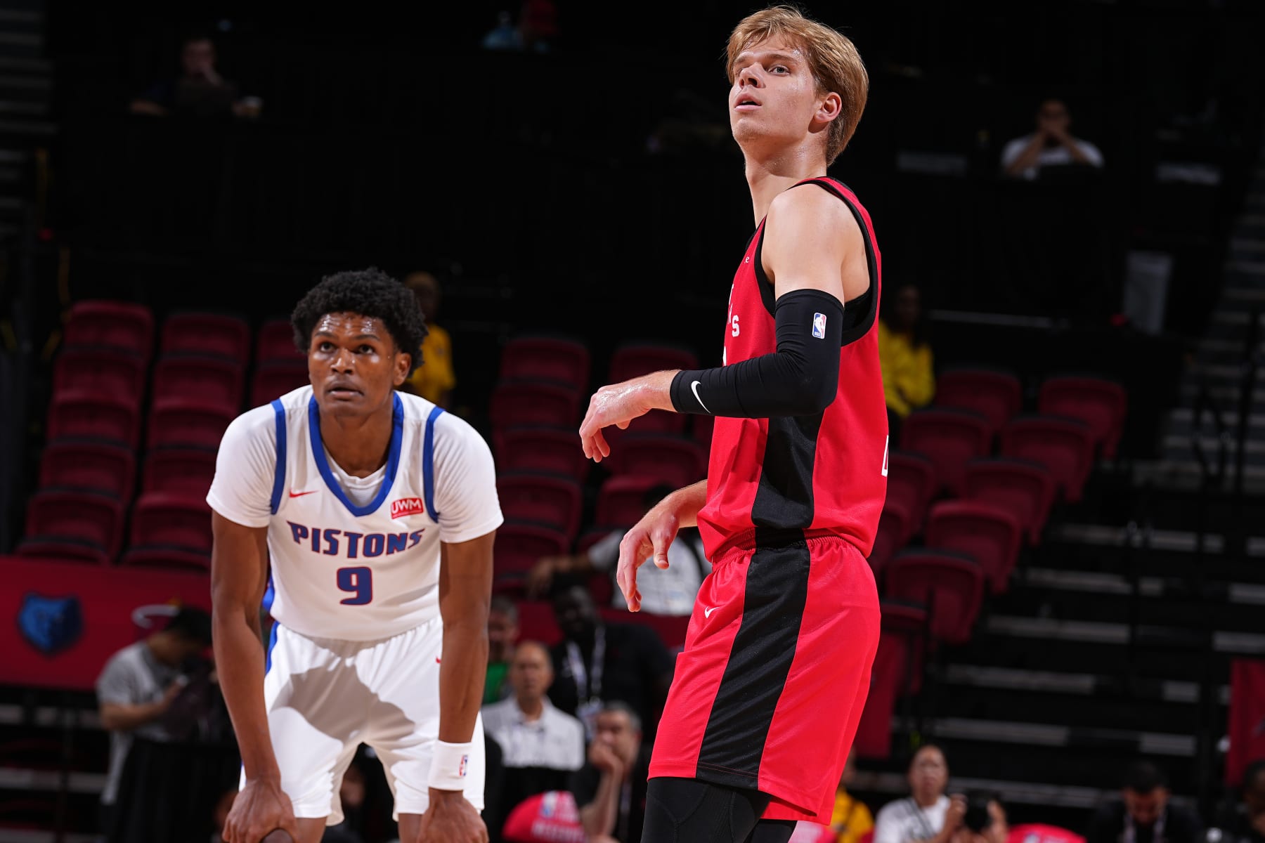 LAS VEGAS, NV - JULY 12: Ausar Thompson  #9 of the Detroit Pistons and Gradey Dick #1 of the Toronto Raptors look on during the 2023 NBA Las Vegas Summer League on July 12, 2023 at the Thomas & Mack Center in Las Vegas, Nevada. NOTE TO USER: User expressly acknowledges and agrees that, by downloading and or using this photograph, User is consenting to the terms and conditions of the Getty Images License Agreement. Mandatory Copyright Notice: Copyright 2023 NBAE (Photo by Bart Young/NBAE via Getty Images)