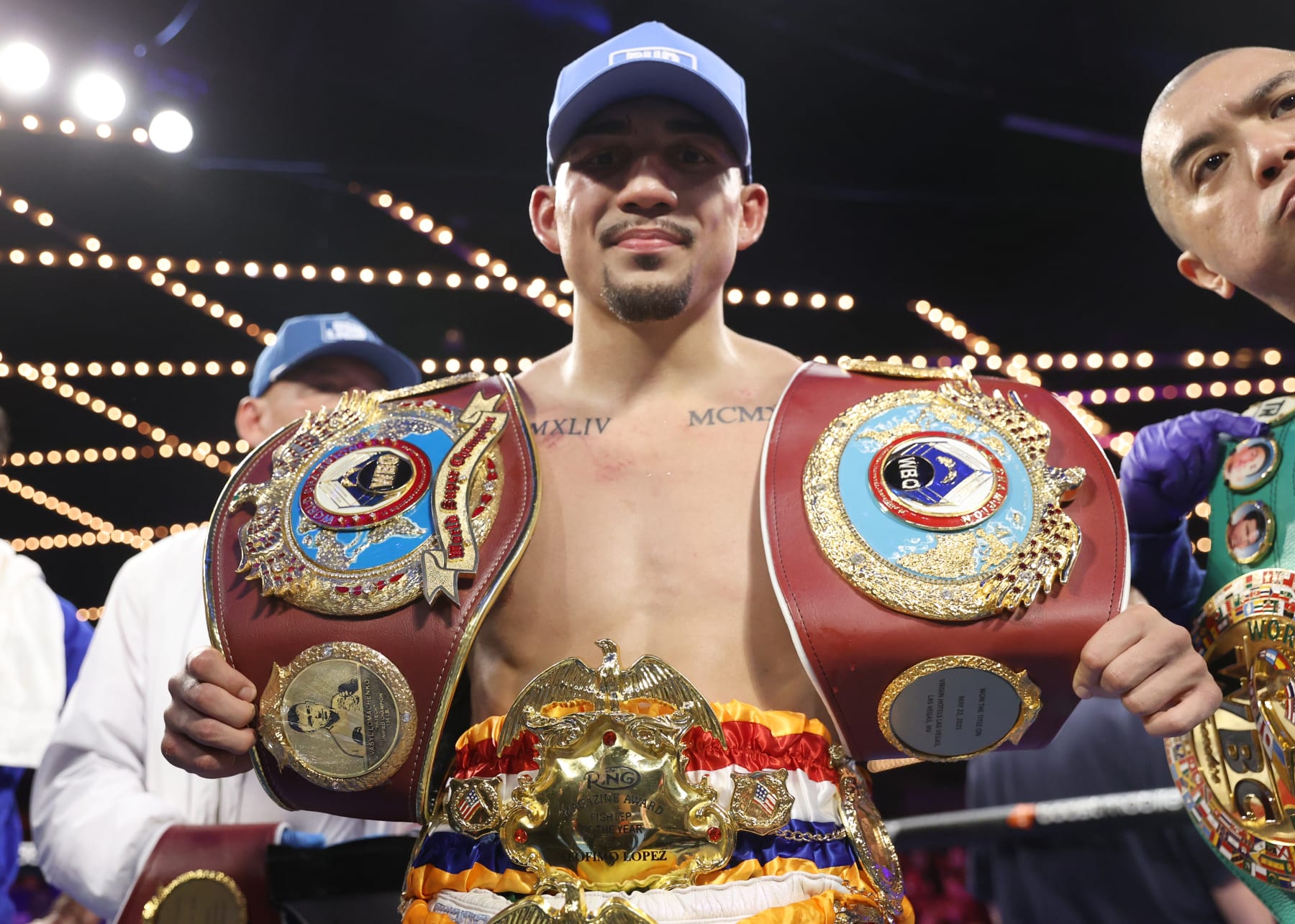 NEW YORK, NEW YORK - JUNE 10: Teofimo Lopez celebrates after defeating Josh Taylor, during their WBO junior welterweight championship fight at The Hulu Theater at Madison Square Garden on June 10, 2023 in New York City. (Photo by Mikey Williams/Top Rank Inc via Getty Images)
