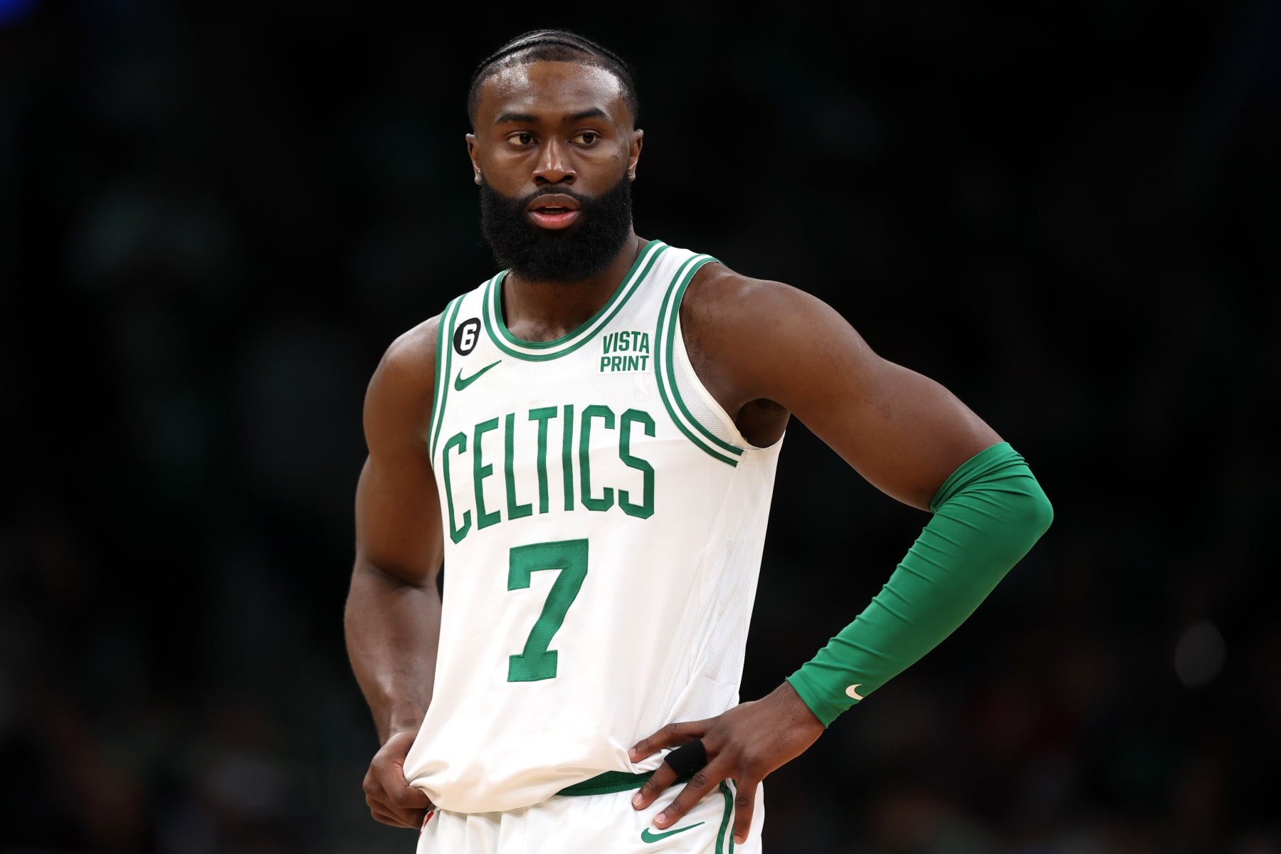BOSTON, MASSACHUSETTS - JANUARY 26: Jaylen Brown #7 of the Boston Celtics looks on during the second half against the New York Knicks at TD Garden on January 26, 2023 in Boston, Massachusetts. The Knicks defeat the Celtics 120-117 in overtime. NOTE TO USER: User expressly acknowledges and agrees that, by downloading and or using this photograph, User is consenting to the terms and conditions of the Getty Images License Agreement.  (Photo by Maddie Meyer/Getty Images)