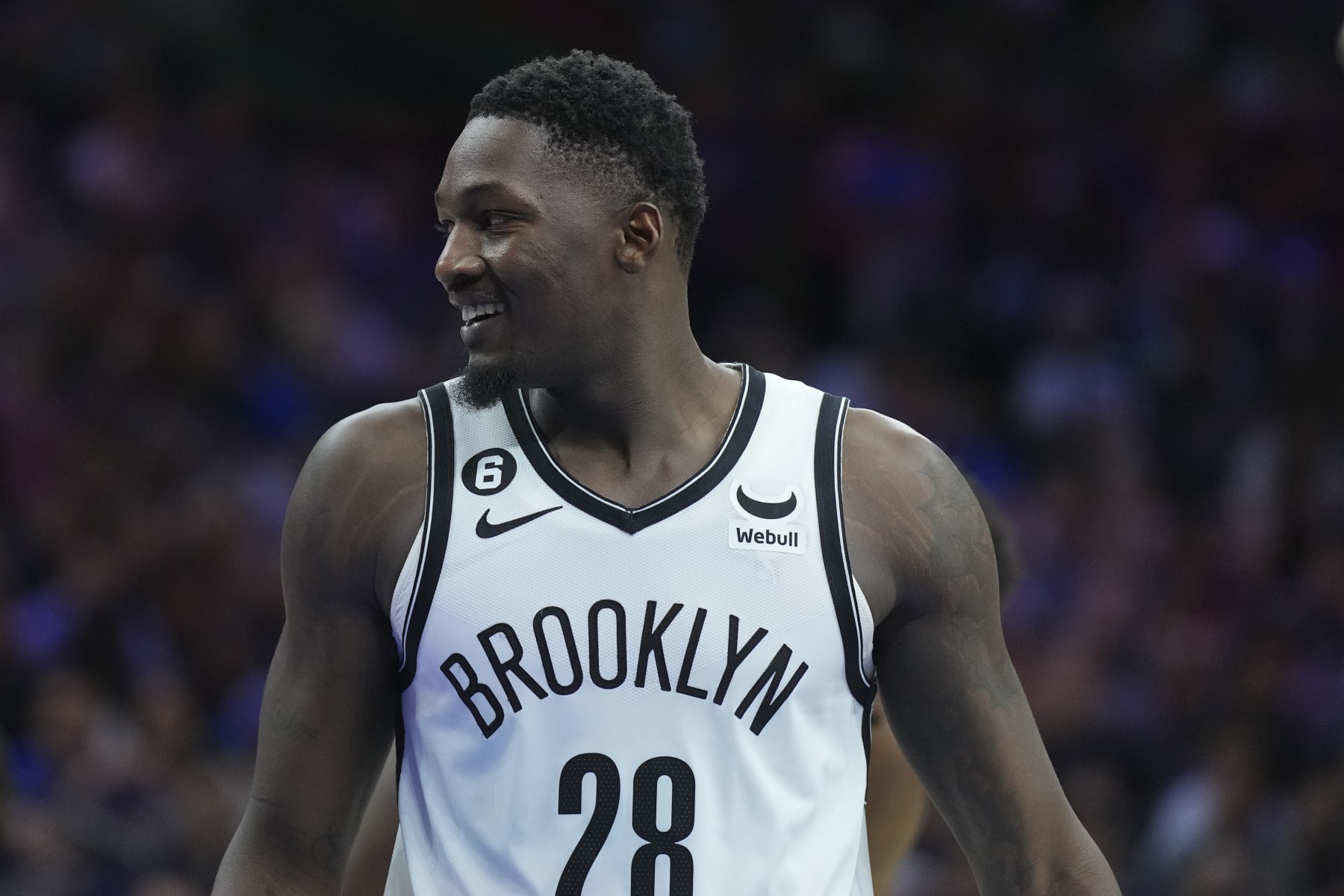PHILADELPHIA, PA - APRIL 17: Dorian Finney-Smith #28 of the Brooklyn Nets reacts against the Philadelphia 76ers during Game Two of the Eastern Conference First Round Playoffs at the Wells Fargo Center on April 17, 2023 in Philadelphia, Pennsylvania. NOTE TO USER: User expressly acknowledges and agrees that, by downloading and or using this photograph, User is consenting to the terms and conditions of the Getty Images License Agreement. (Photo by Mitchell Leff/Getty Images)