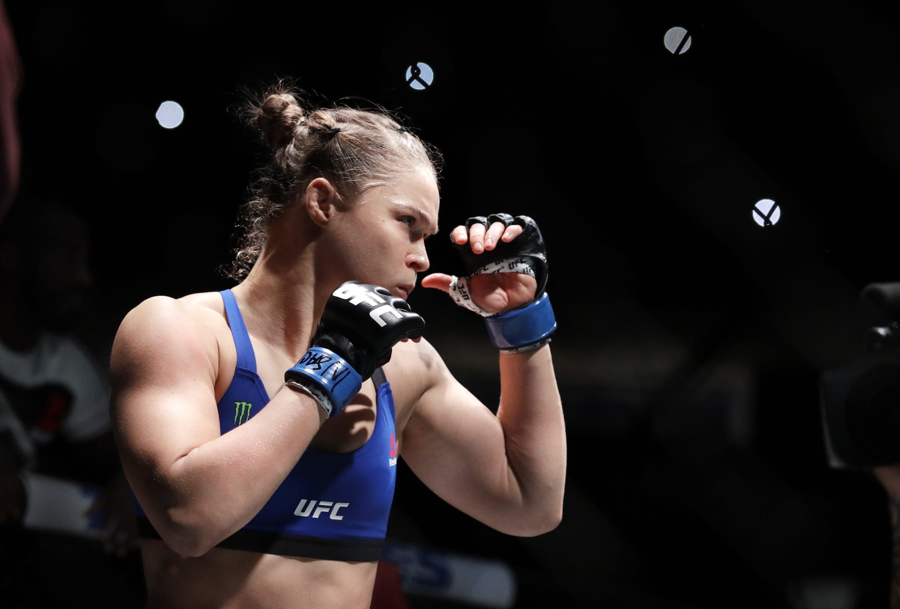 Ronda Rousey before her women's bantamweight championship mixed martial arts bout with Amanda Nunes at UFC 207, Friday, Dec. 30, 2016, in Las Vegas. (AP Photo/John Locher)