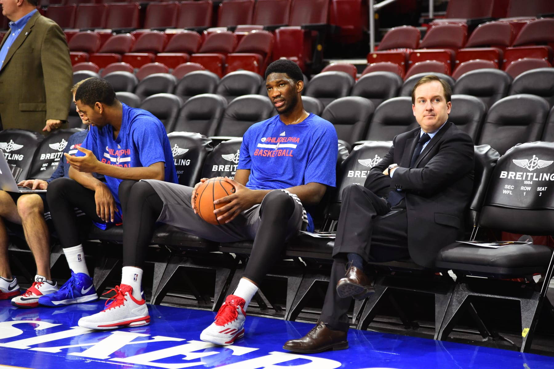 PHILADELPHIA, PA - DECEMBER 15:  Joel Embiid #21 of the Philadelphia 76er and Sam Hinkie, General Manager of the Philadelphia 76ers before the game against the Boston Celtics on December 15, 2014 at Wells Fargo Center in Philadelphia, PA. NOTE TO USER: User expressly acknowledges and agrees that, by downloading and or using this photograph, User is consenting to the terms and conditions of the Getty Images License Agreement. Mandatory Copyright Notice: Copyright 2014 NBAE (Photo by Jesse D. Garrabrant/NBAE via Getty Images)