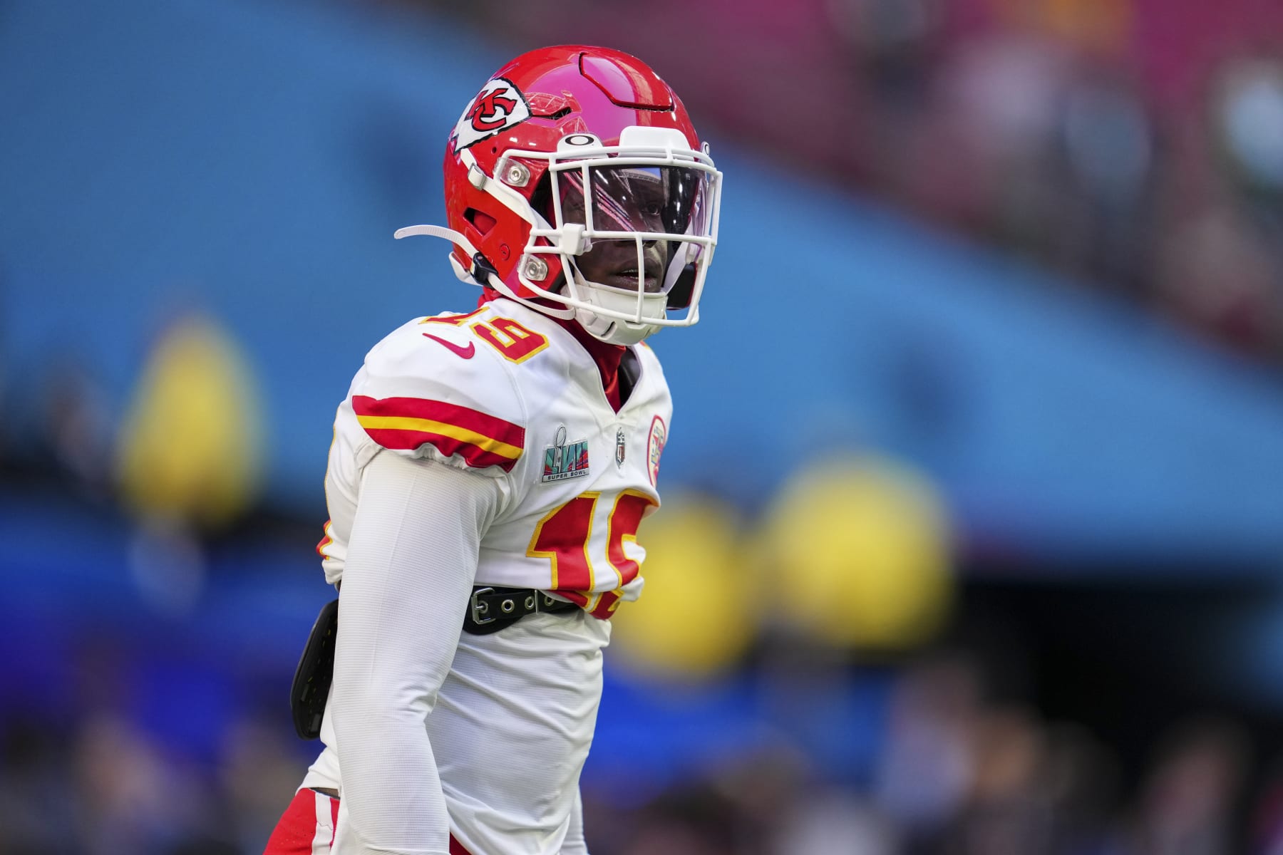 GLENDALE, AZ - FEBRUARY 12: Kadarius Toney #19 of the Kansas City Chiefs warms up against the Philadelphia Eagles after Super Bowl LVII at State Farm Stadium on February 12, 2023 in Glendale, Arizona. The Chiefs defeated the Eagles 38-35. (Photo by Cooper Neill/Getty Images)
