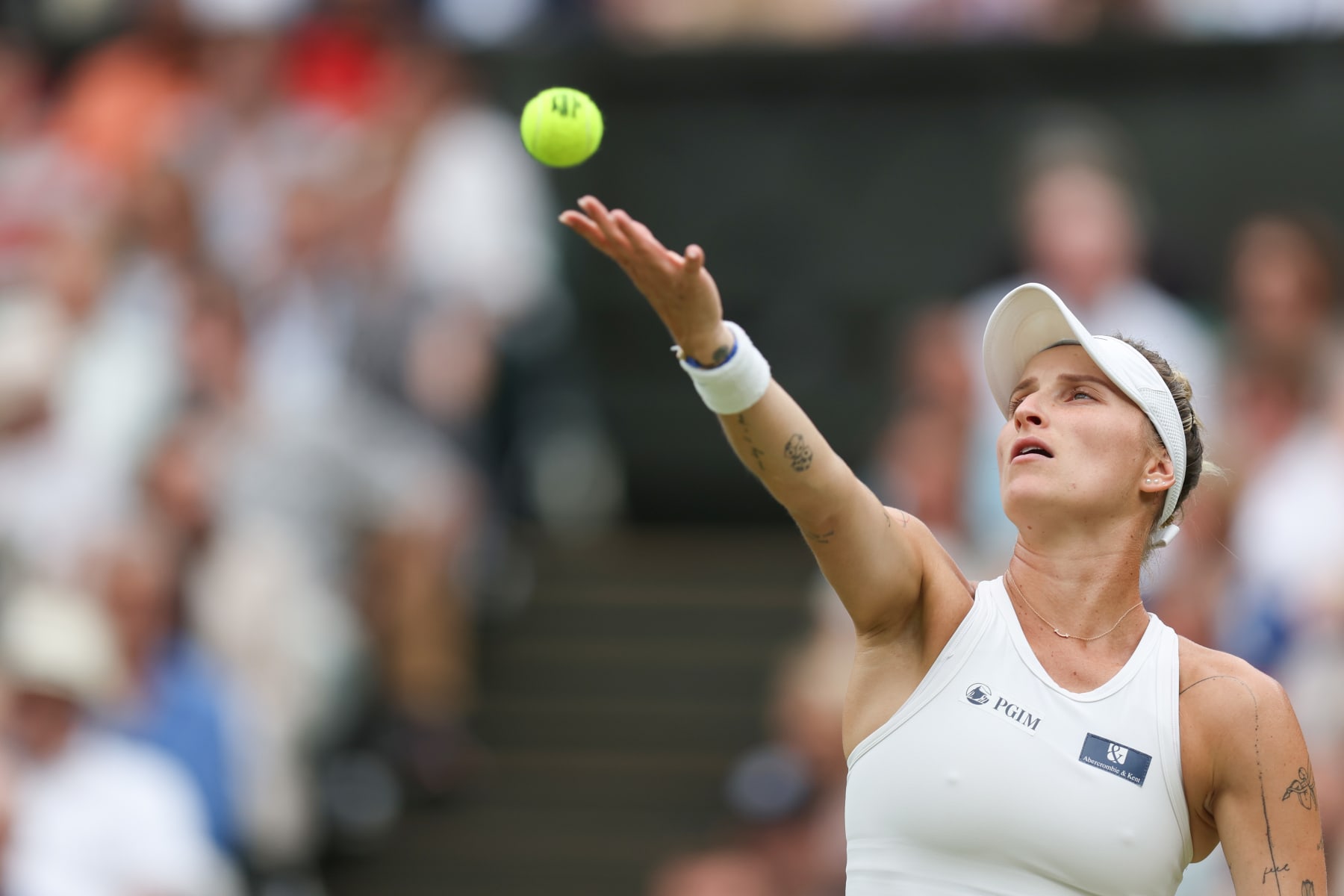 LONDON, ENGLAND - JULY 12: Marketa Vondrousova (CZE) throws the ball up to serve during her Ladies Singles Semi Finals match against Elina Svitolina (UKR) during day eleven of The Championships Wimbledon 2023 at All England Lawn Tennis and Croquet Club on July 13, 2023 in London, England. (Photo by Charlotte Wilson/Offside/Offside via Getty Images)