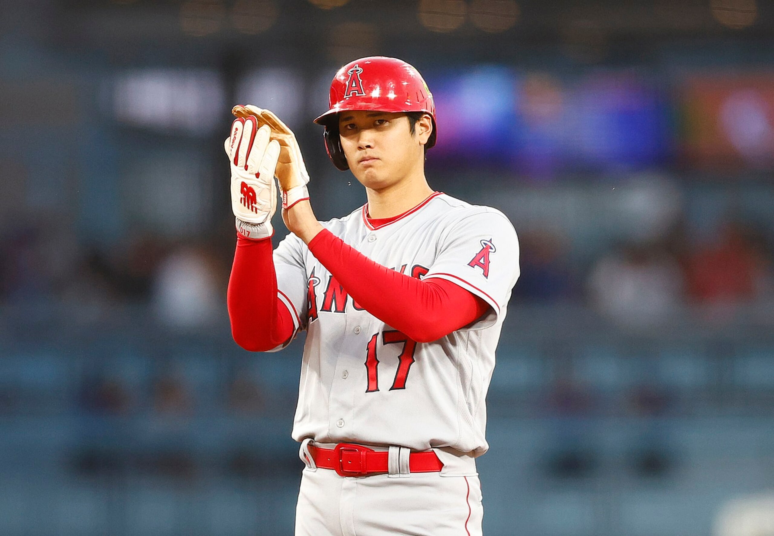 LOS ANGELES, CALIFORNIA - JULY 07:  Shohei Ohtani #17 of the Los Angeles Angels after advancing to second base against the Los Angeles Dodgers in the fourth inning at Dodger Stadium on July 07, 2023 in Los Angeles, California. (Photo by Ronald Martinez/Getty Images)