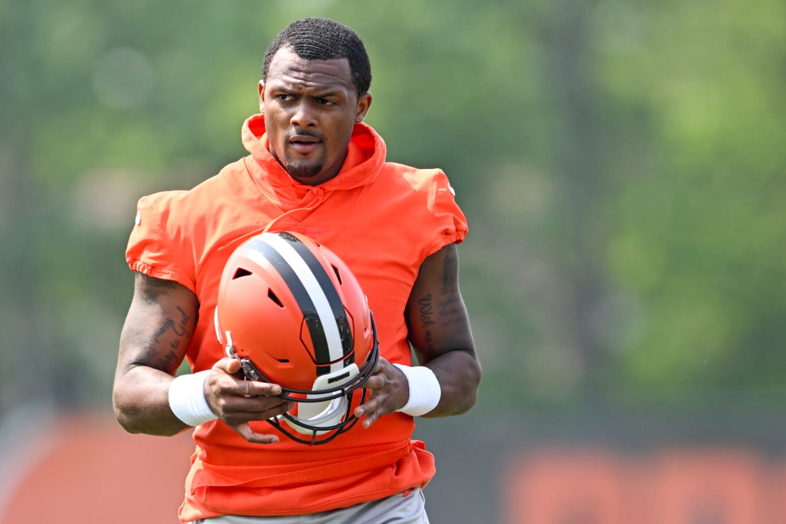 BEREA, OHIO - JUNE 07: Deshaun Watson #4 of the Cleveland Browns looks on during the Cleveland Browns mandatory veteran minicamp at CrossCountry Mortgage Campus on June 7, 2023 in Berea, Ohio. (Photo by Nick Cammett/Getty Images)