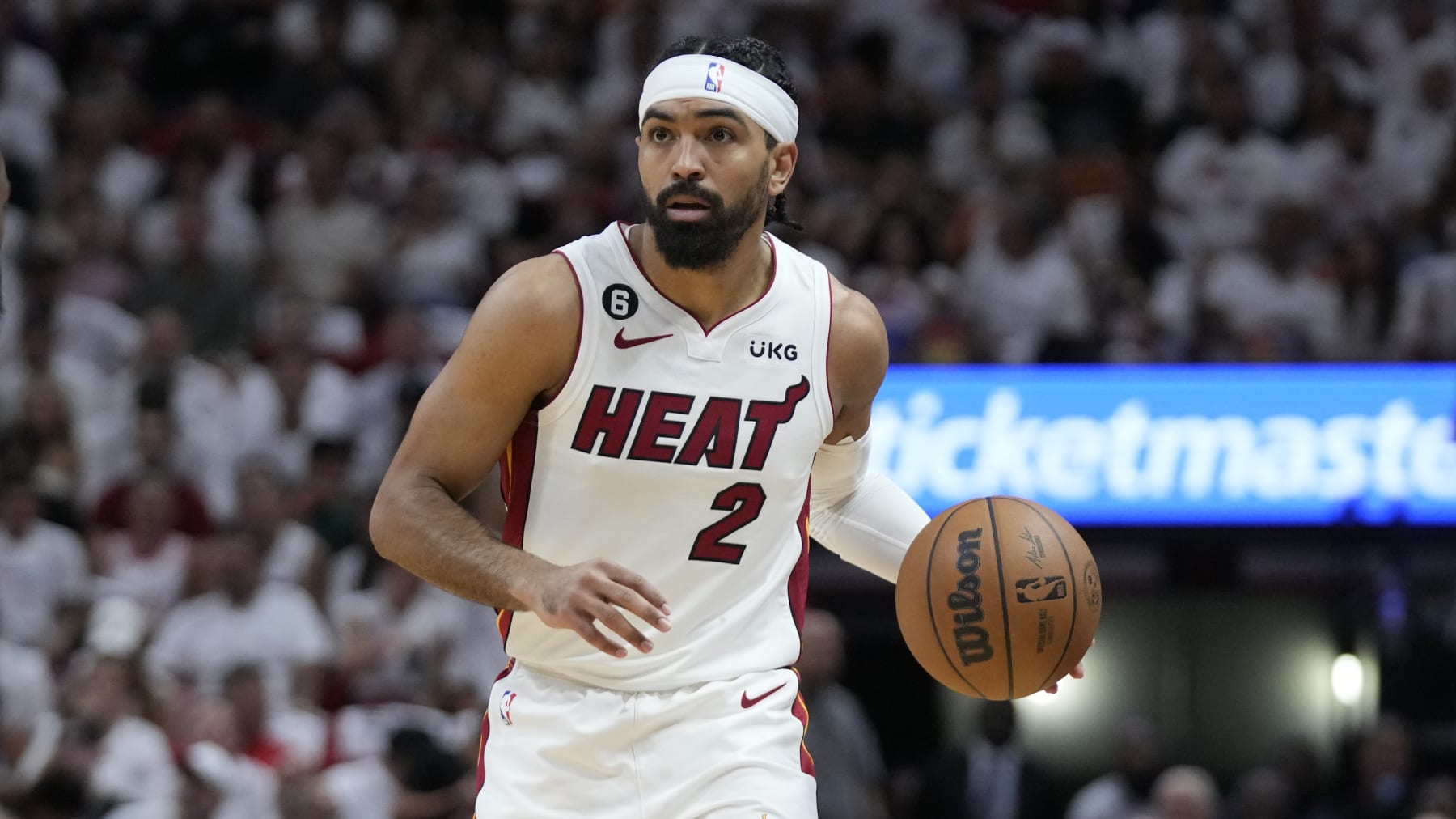 Miami Heat guard Gabe Vincent (2) dribbles the ball during Game 4 of the NBA basketball playoffs Eastern Conference finals against the Boston Celtics, Tuesday, May 23, 2023, in Miami. (AP Photo/Wilfredo Lee)