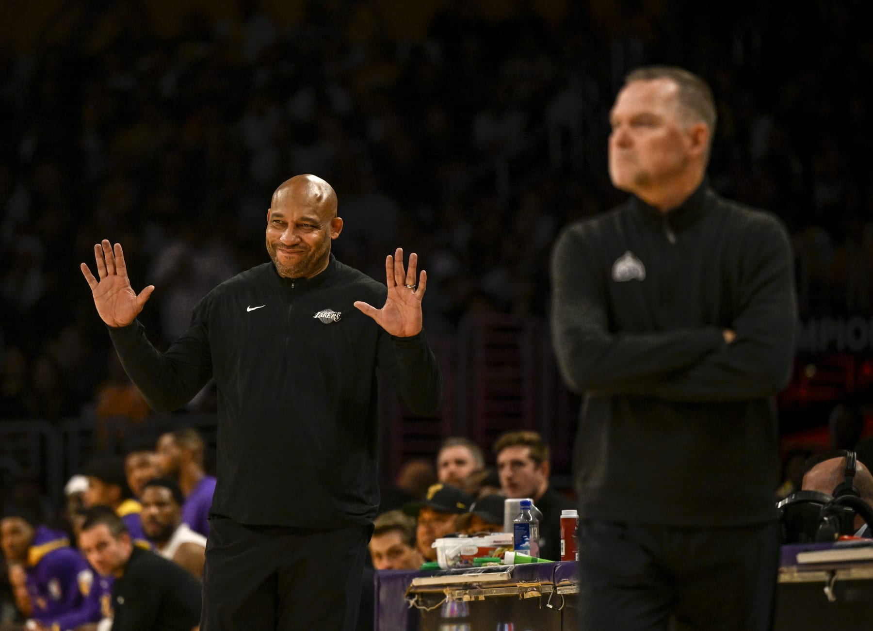 LOS ANGELES, CA - MAY 20: Los Angeles Lakers head coach Darvin Ham and Denver Nuggets head coach Michael Malone go head to head during the first quarter of the Western Conference finals game 3 at Crypto.com Arena in Los Angeles on Saturday, May 20, 2023. (Photo by AAron Ontiveroz/The Denver Post)