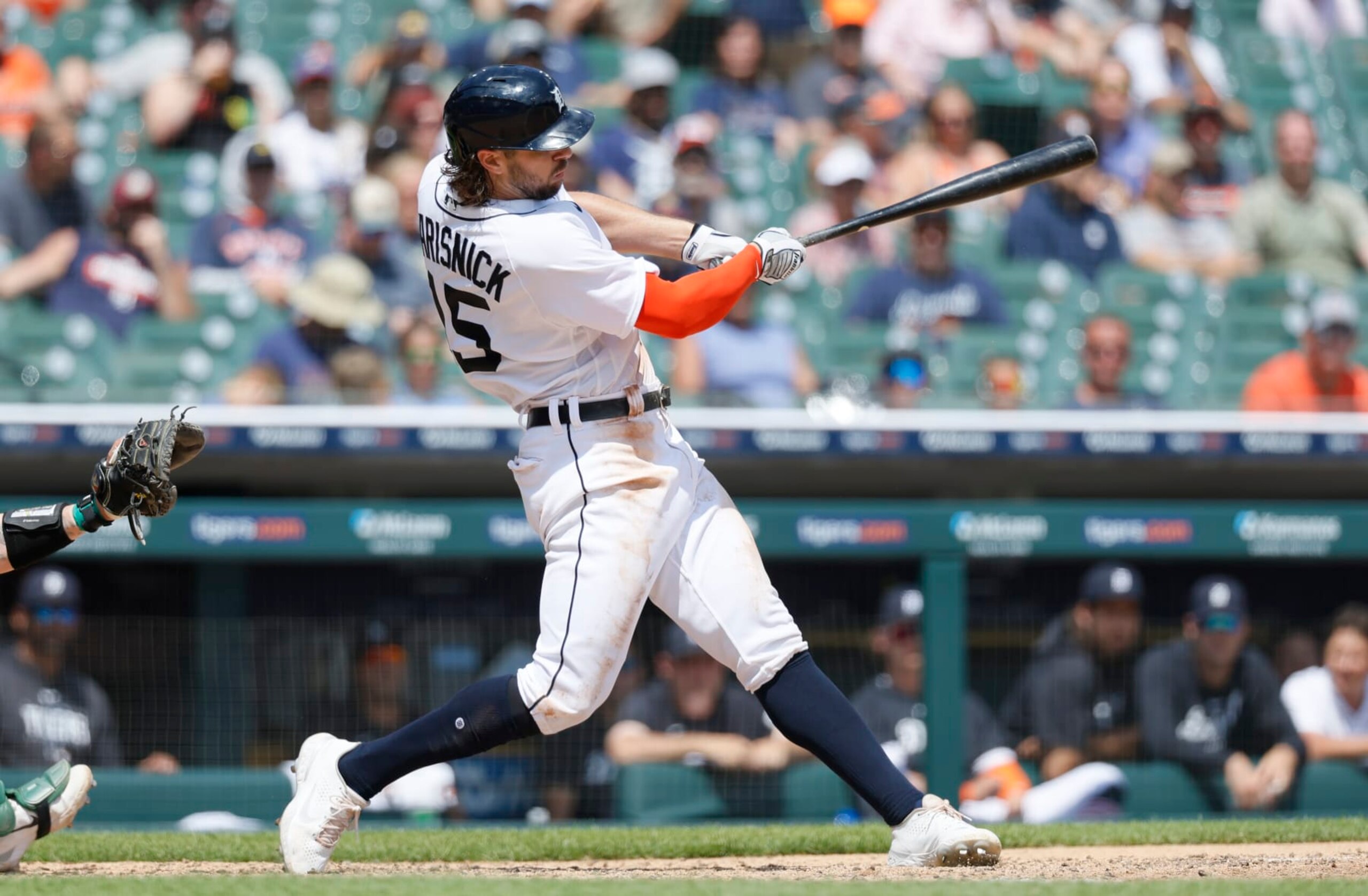 DETROIT, MI - JULY 6: Jake Marisnick #15 of the Detroit Tigers bats against the Oakland Athletics at Comerica Park on July 6, 2023 in Detroit, Michigan. (Photo by Duane Burleson/Getty Images)
