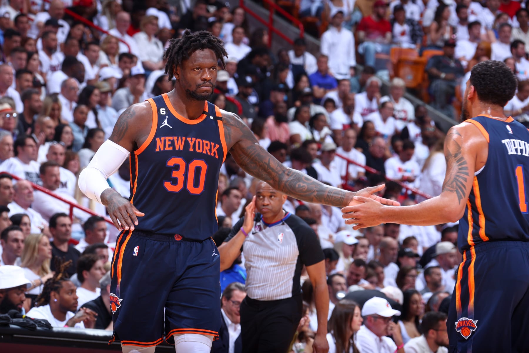 MIAMI, FL - MAY 12: Julius Randle #30 of the New York Knicks looks on during the game against the Miami Heat during Game 6 of the 2023 NBA Playoffs Eastern Conference semi-finals on May 12, 2023 at Kaseya Center in Miami, Florida. NOTE TO USER: User expressly acknowledges and agrees that, by downloading and or using this Photograph, user is consenting to the terms and conditions of the Getty Images License Agreement. Mandatory Copyright Notice: Copyright 2023 NBAE (Photo by Nathaniel S. Butler/NBAE via Getty Images)
