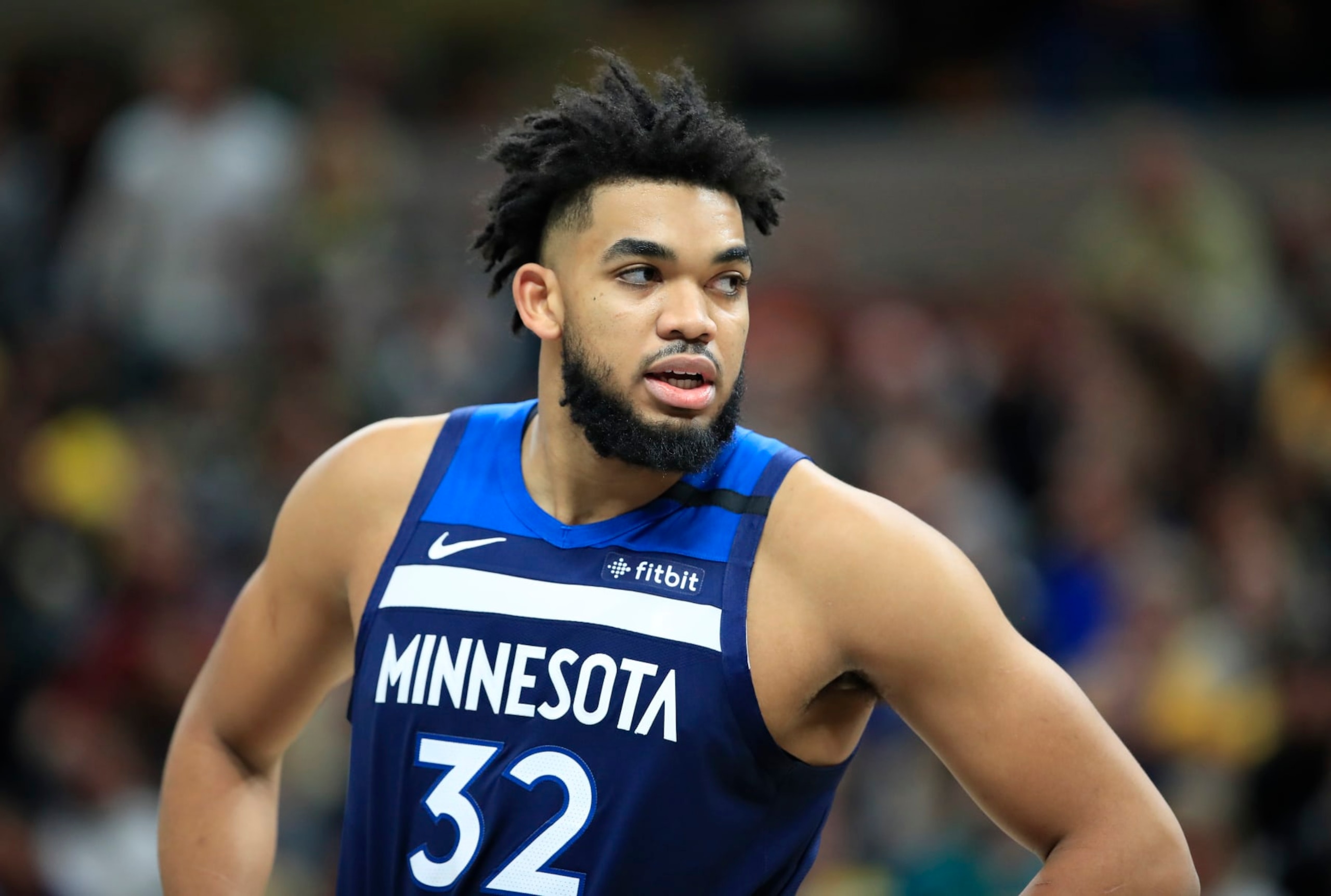 INDIANAPOLIS, INDIANA - JANUARY 17:   Karl Anthony-Towns #32 of the Minnesota Timberwolves against the Indiana Pacers at Bankers Life Fieldhouse on January 17, 2020 in Indianapolis, Indiana.    NOTE TO USER: User expressly acknowledges and agrees that, by downloading and or using this photograph, User is consenting to the terms and conditions of the Getty Images License Agreement. (Photo by Andy Lyons/Getty Images)