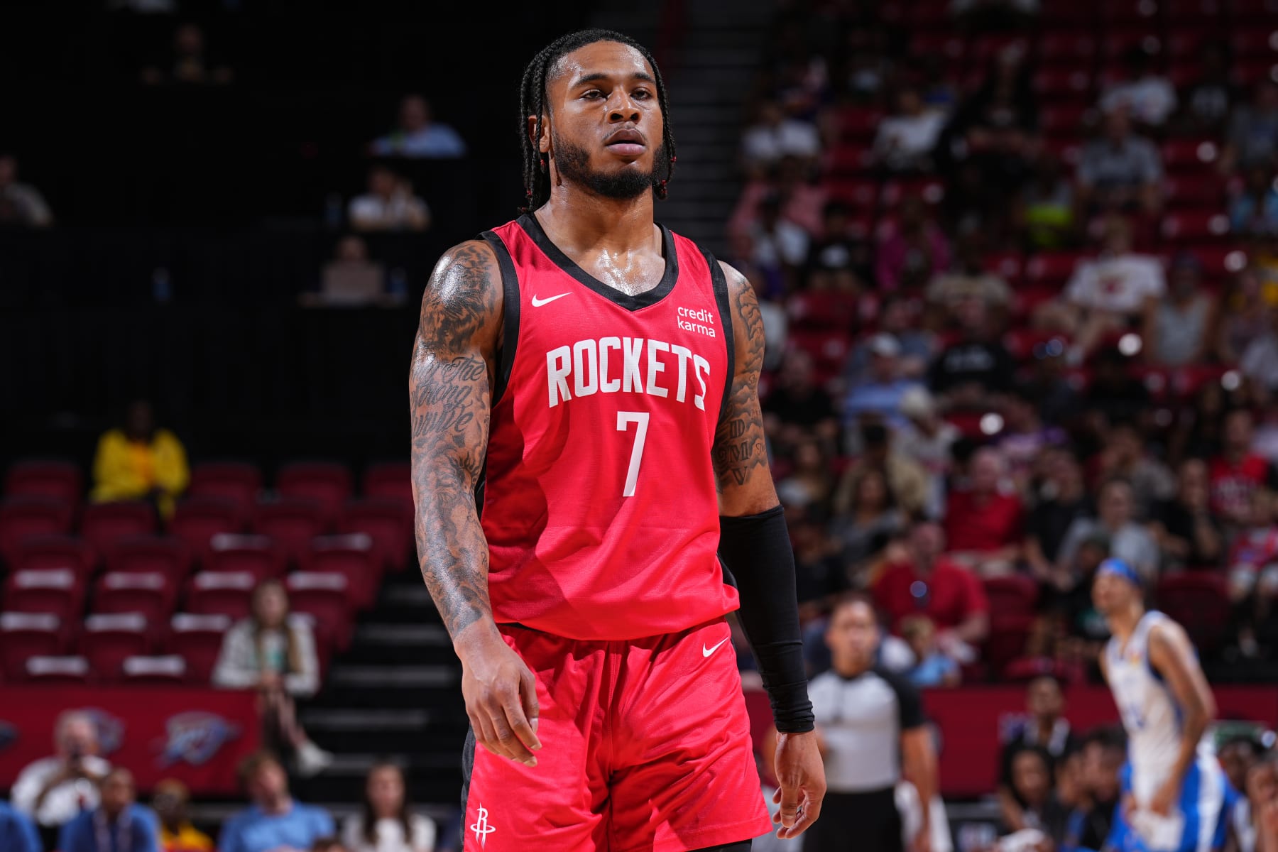 LAS VEGAS, NV - JULY 11: Cam Whitmore #7 of the Houston Rockets looks on during the 2023 NBA Las Vegas Summer League against the Oklahoma City Thunder on July 11, 2023 at the Thomas & Mack Center in Las Vegas, Nevada. NOTE TO USER: User expressly acknowledges and agrees that, by downloading and or using this photograph, User is consenting to the terms and conditions of the Getty Images License Agreement. Mandatory Copyright Notice: Copyright 2023 NBAE (Photo by Garrett Ellwood/NBAE via Getty Images)