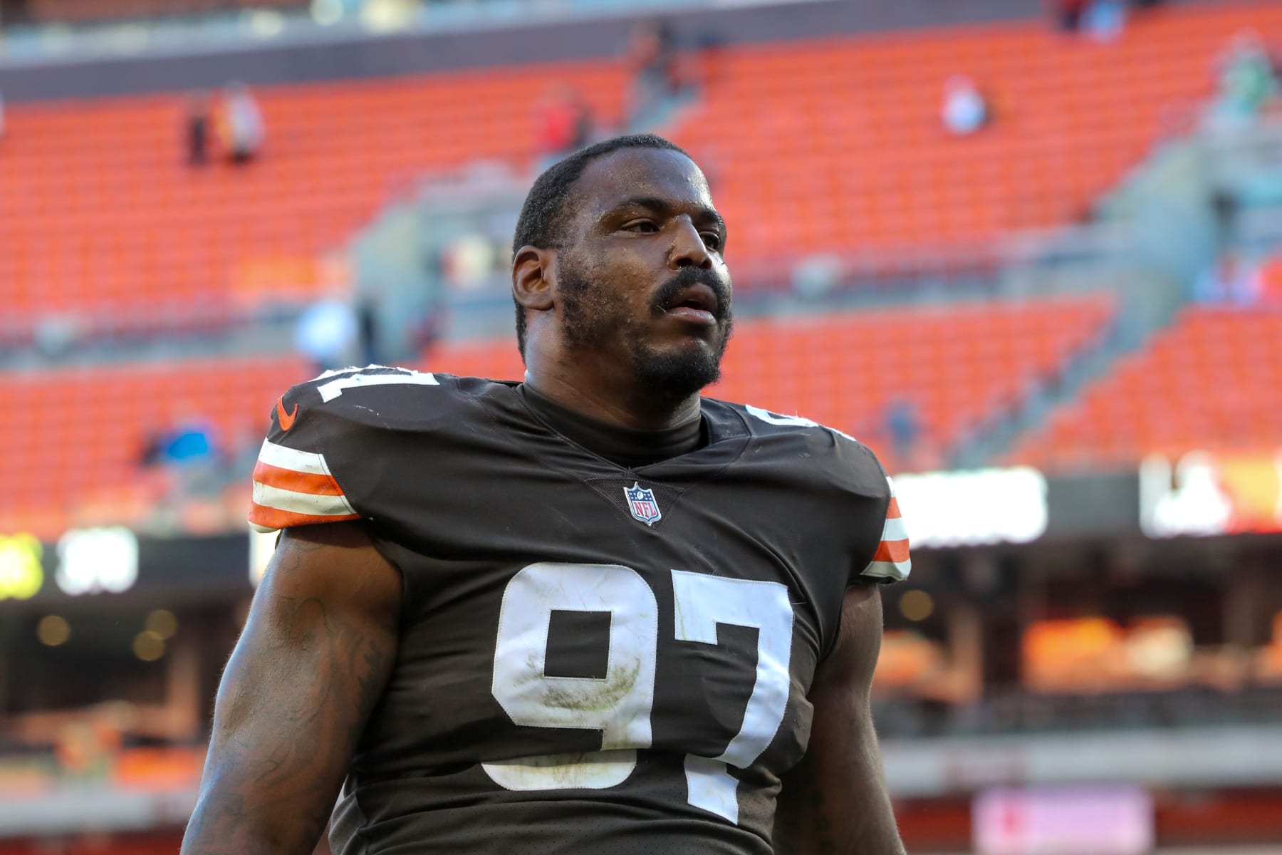 CLEVELAND, OH - OCTOBER 31: Cleveland Browns defensive tackle Malik Jackson (97) leaves the field following the National Football League game between the Pittsburgh Steelers and Cleveland Browns on October 31, 2021, at FirstEnergy Stadium in Cleveland, OH. (Photo by Frank Jansky/Icon Sportswire via Getty Images)