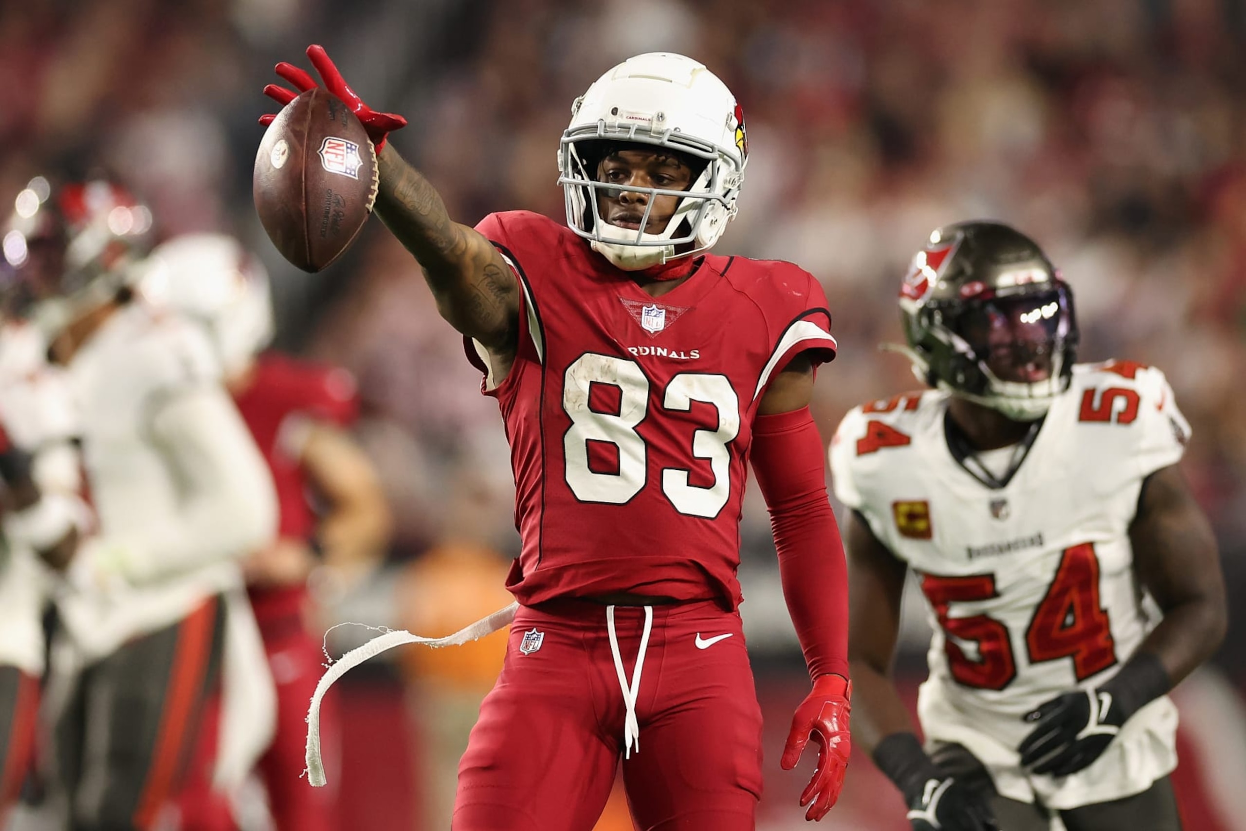 GLENDALE, ARIZONA - DECEMBER 25: Wide receiver Greg Dortch #83 of the Arizona Cardinals reacts to a first-down reception against the Tampa Bay Buccaneers during the NFL game at State Farm Stadium on December 25, 2022 in Glendale, Arizona. The Buccaneers defeated the Cardinals 19-16 in overtime. (Photo by Christian Petersen/Getty Images) GLENDALE, ARIZONA - DECEMBER 25: Wide receiver Greg Dortch #83 of the Arizona Cardinals reacts to a first-down reception against the Tampa Bay Buccaneers during the NFL game at State Farm Stadium on December 25, 2022 in Glendale, Arizona. The Buccaneers defeated the Cardinals 19-16 in overtime. (Photo by Christian Petersen/Getty Images)