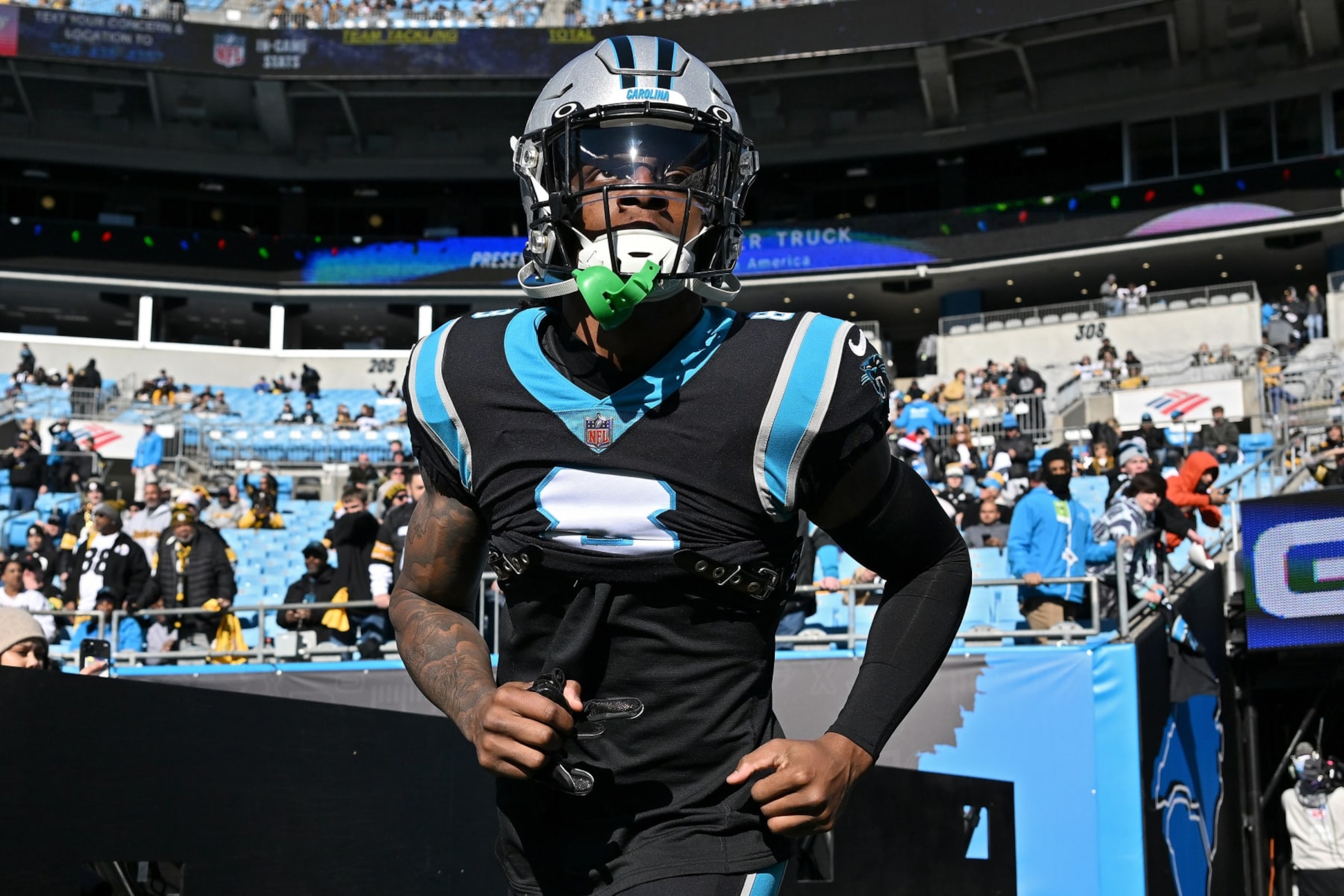 CHARLOTTE, NORTH CAROLINA - DECEMBER 18: Jaycee Horn #8 of the Carolina Panthers takes the field prior to a game against the Pittsburgh Steelers at Bank of America Stadium on December 18, 2022 in Charlotte, North Carolina. (Photo by Grant Halverson/Getty Images) CHARLOTTE, NORTH CAROLINA - DECEMBER 18: Jaycee Horn #8 of the Carolina Panthers takes the field prior to a game against the Pittsburgh Steelers at Bank of America Stadium on December 18, 2022 in Charlotte, North Carolina. (Photo by Grant Halverson/Getty Images)