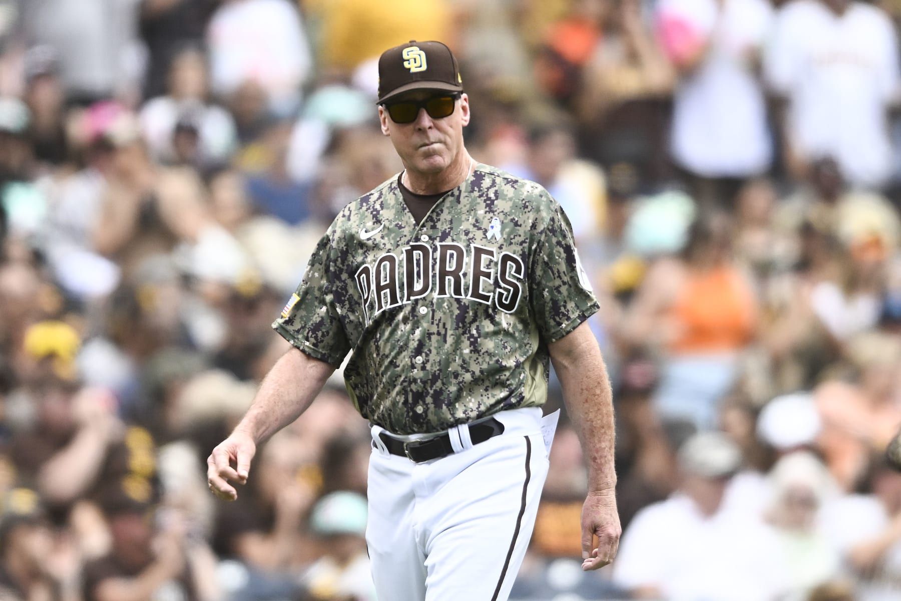 SAN DIEGO, CA - JUNE 18: San Diego Padres manager Bob Melvin walks off the field during the seventh inning of a baseball game against the Tampa Bay Rays on June 18, 2023 at Petco Park in San Diego, California. (Photo by Denis Poroy/Getty Images)