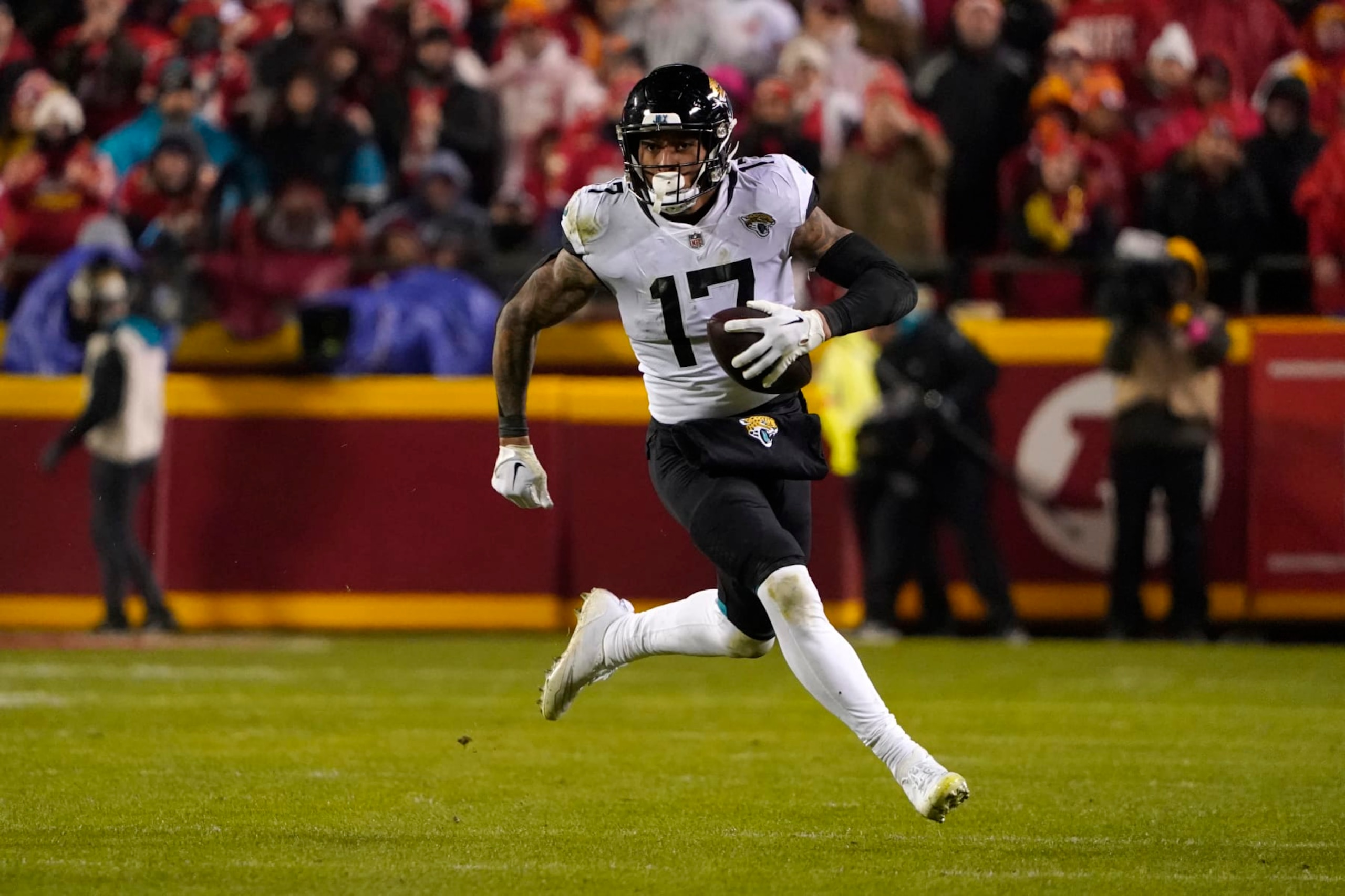 Jacksonville Jaguars tight end Evan Engram runs during against the Kansas City Chiefs an NFL Divisional Playoff football game Saturday, Jan. 21, 2023, in Kansas City, Mo. (AP Photo/Ed Zurga)