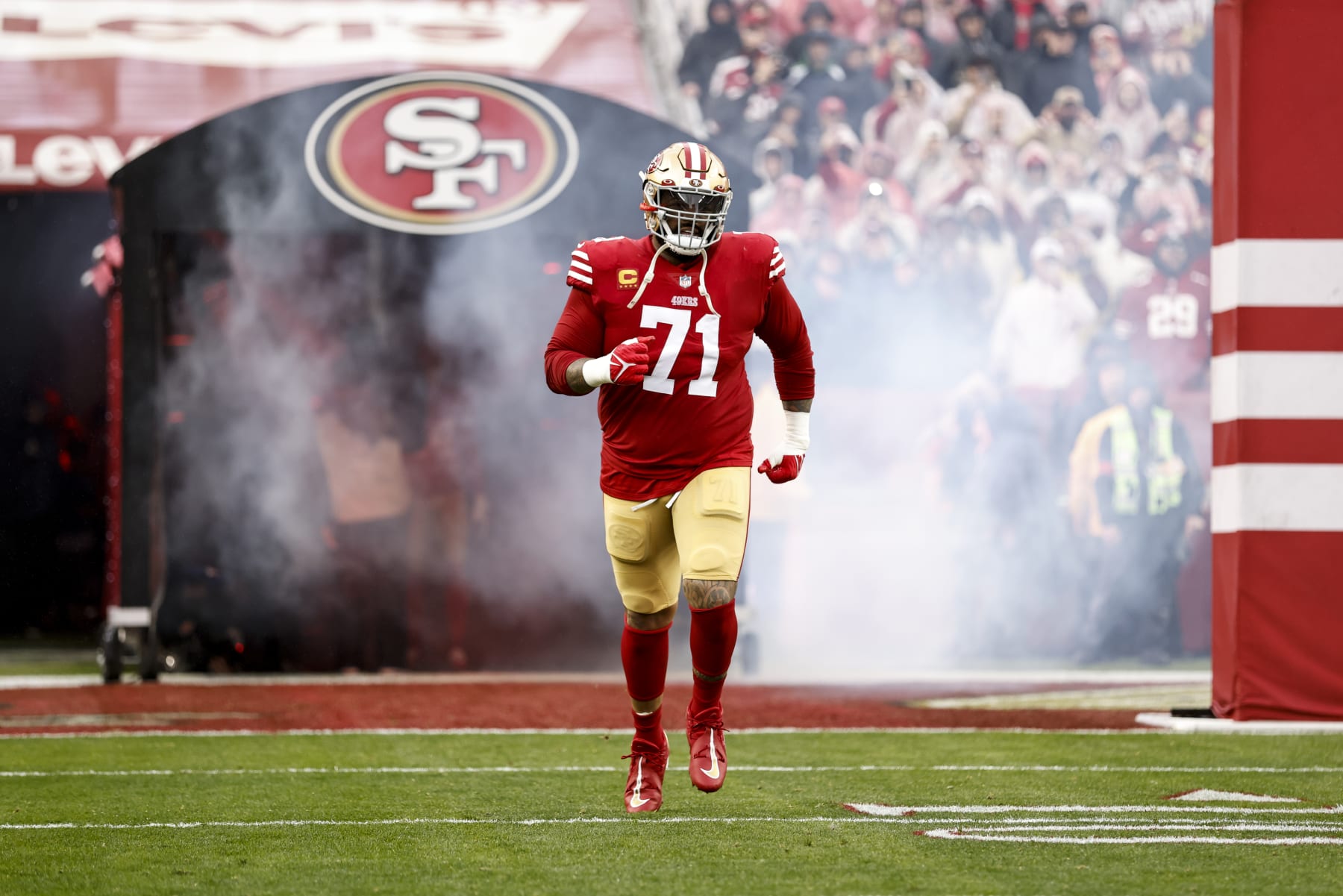 SANTA CLARA, CALIFORNIA - JANUARY 14: Trent Williams #71 of the San Francisco 49ers takes the field prior to an NFL football game between the San Francisco 49ers and the Seattle Seahawks at Levi's Stadium on January 14, 2023 in Santa Clara, California. (Photo by Michael Owens/Getty Images)