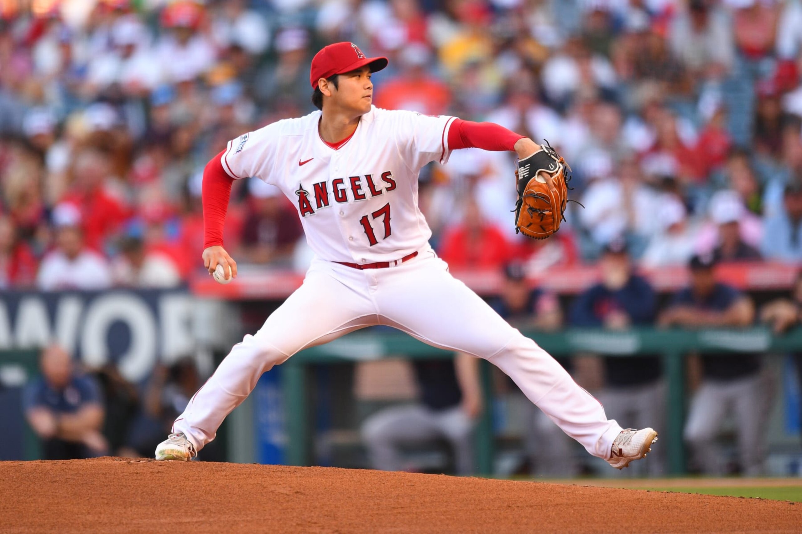 ANAHEIM, CA - JULY 14: Los Angeles Angels pitcher Shohei Ohtani (17) throws a pitch during the MLB game between the Houston Astros and the Los Angeles Angels of Anaheim on July 14, 2023 at Angel Stadium of Anaheim in Anaheim, CA. (Photo by Brian Rothmuller/Icon Sportswire via Getty Images)