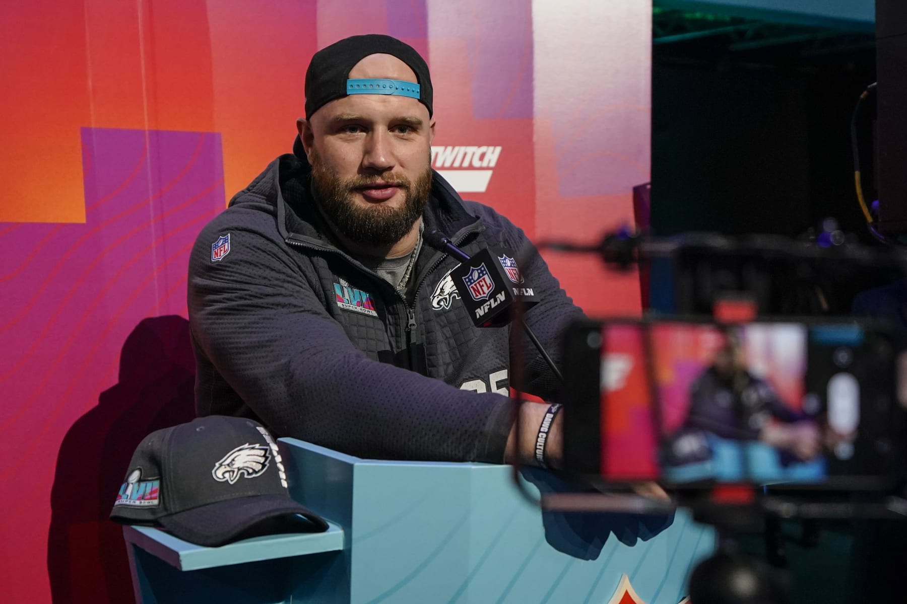 Philadelphia Eagles offensive tackle Lane Johnson speaks to the media during the NFL football Super Bowl 57 opening night, Monday, Feb. 6, 2023, in Phoenix. The Kansas City Chiefs will play the Philadelphia Eagles on Sunday. (AP Photo/Matt York)