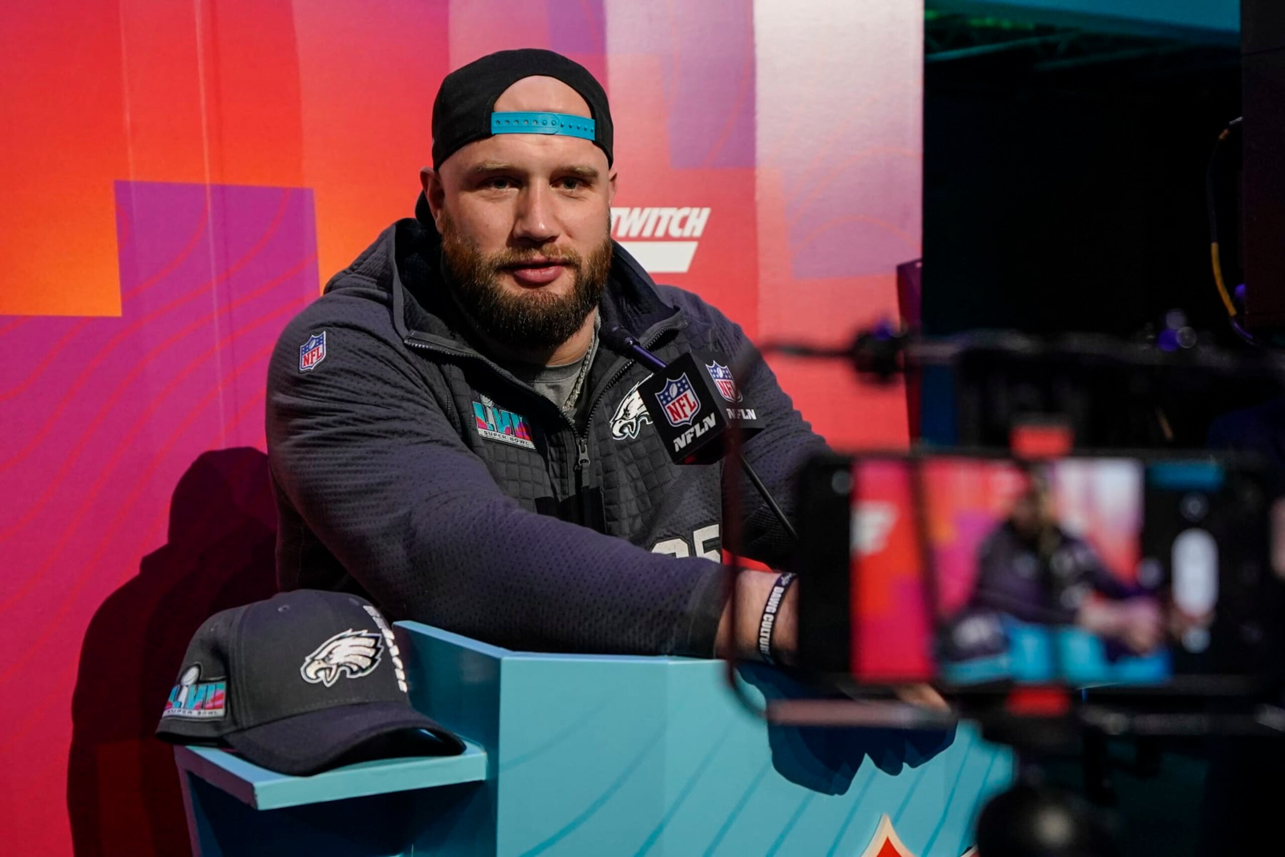 Philadelphia Eagles offensive tackle Lane Johnson speaks to the media during the NFL football Super Bowl 57 opening night, Monday, Feb. 6, 2023, in Phoenix. The Kansas City Chiefs will play the Philadelphia Eagles on Sunday. (AP Photo/Matt York)