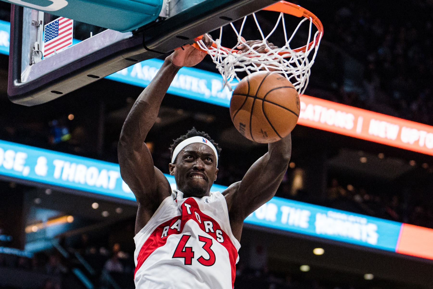 CHARLOTTE, NORTH CAROLINA - APRIL 02: Pascal Siakam #43 of the Toronto Raptors dunks the ball against the Charlotte Hornets in the third quarter during their game at Spectrum Center on April 02, 2023 in Charlotte, North Carolina. NOTE TO USER: User expressly acknowledges and agrees that, by downloading and or using this photograph, User is consenting to the terms and conditions of the Getty Images License Agreement. (Photo by Jacob Kupferman/Getty Images)