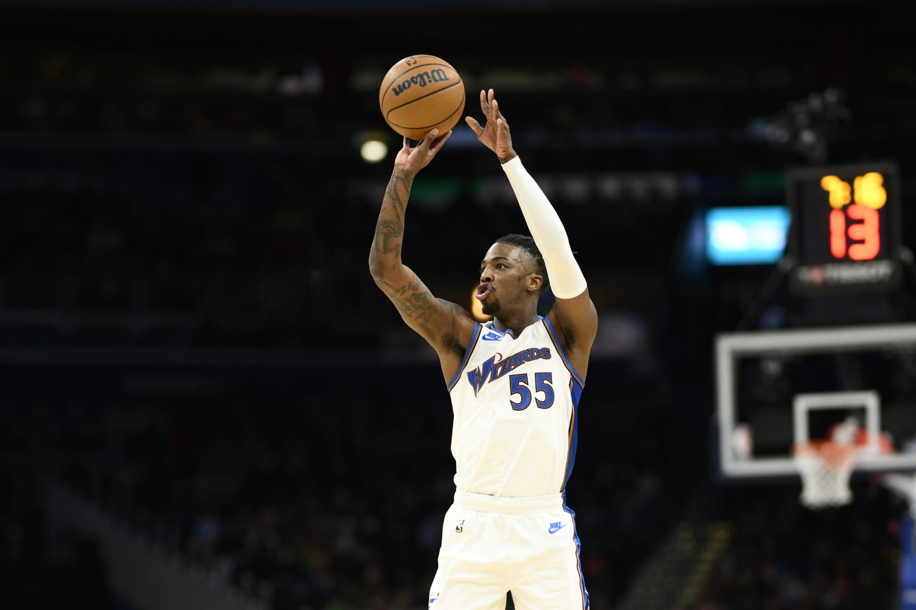 Washington Wizards guard Delon Wright (55) in action during the first half of an NBA basketball game against the Miami Heat-, Friday, April 7, 2023, in Washington. (AP Photo/Nick Wass)