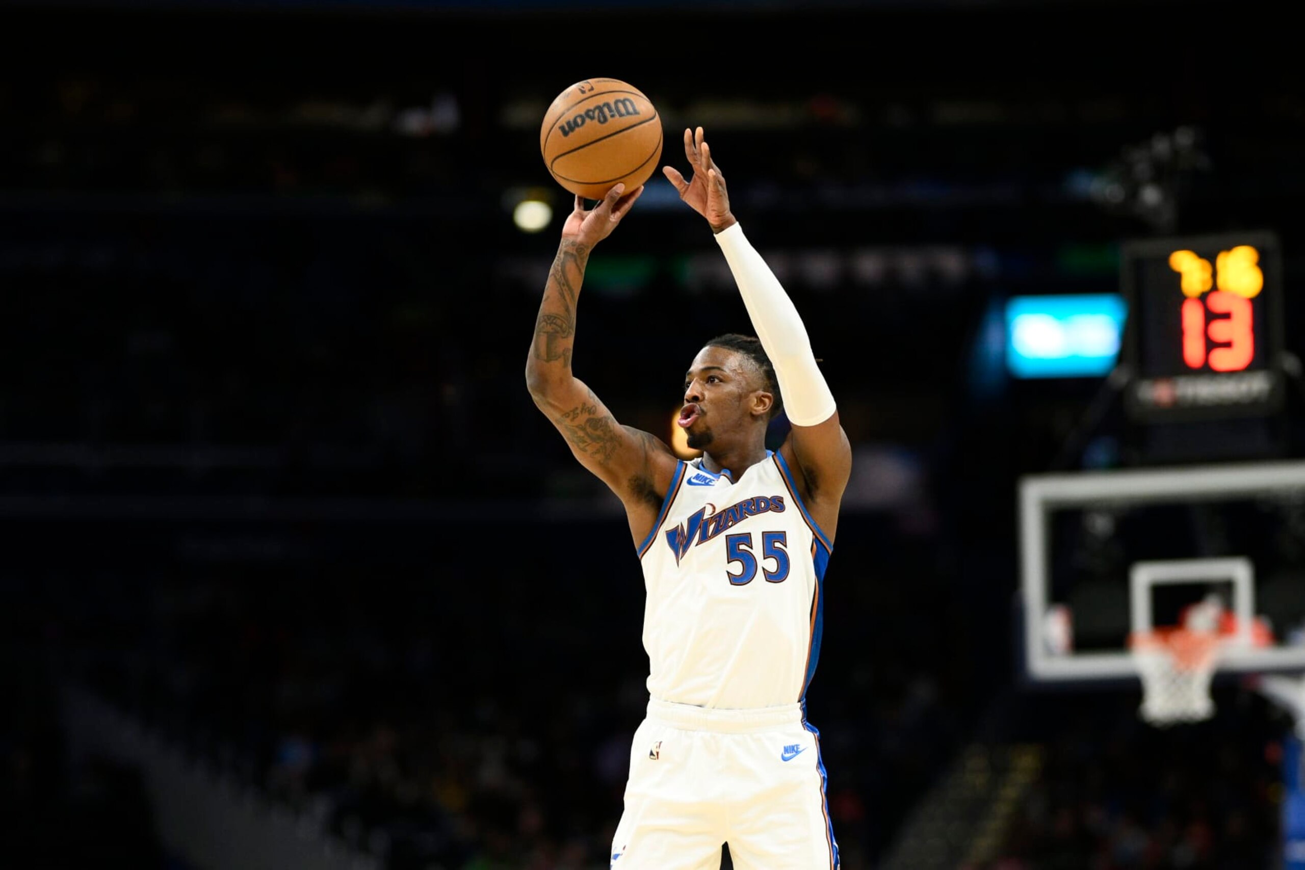 Washington Wizards guard Delon Wright (55) in action during the first half of an NBA basketball game against the Miami Heat-, Friday, April 7, 2023, in Washington. (AP Photo/Nick Wass)
