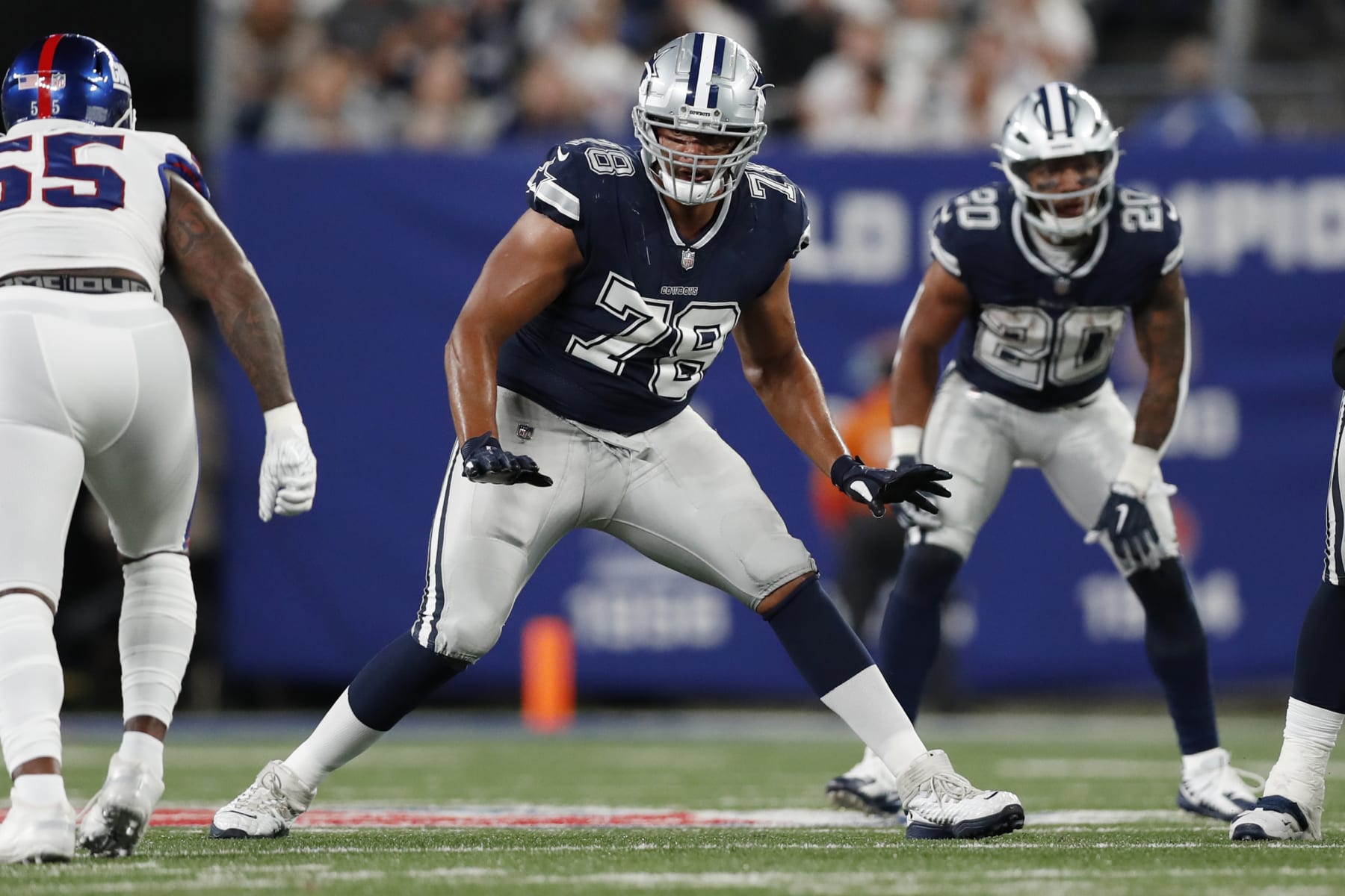 Dallas Cowboys offensive tackle Terence Steele (78) in coverage during an NFL football game against the New York Giants, Monday, Sept. 26, 2022, in East Rutherford, N.J. The Dallas Cowboys won 23-16. (AP Photo/Steve Luciano)
