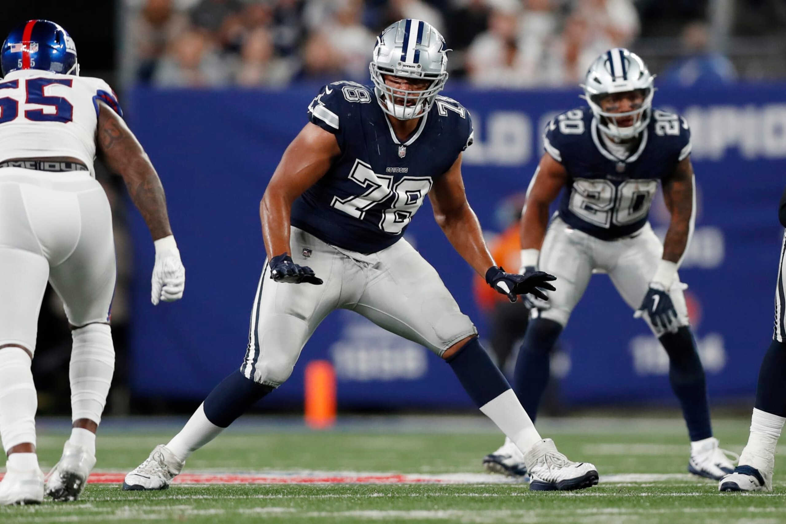 Dallas Cowboys offensive tackle Terence Steele (78) in coverage during an NFL football game against the New York Giants, Monday, Sept. 26, 2022, in East Rutherford, N.J. The Dallas Cowboys won 23-16. (AP Photo/Steve Luciano)