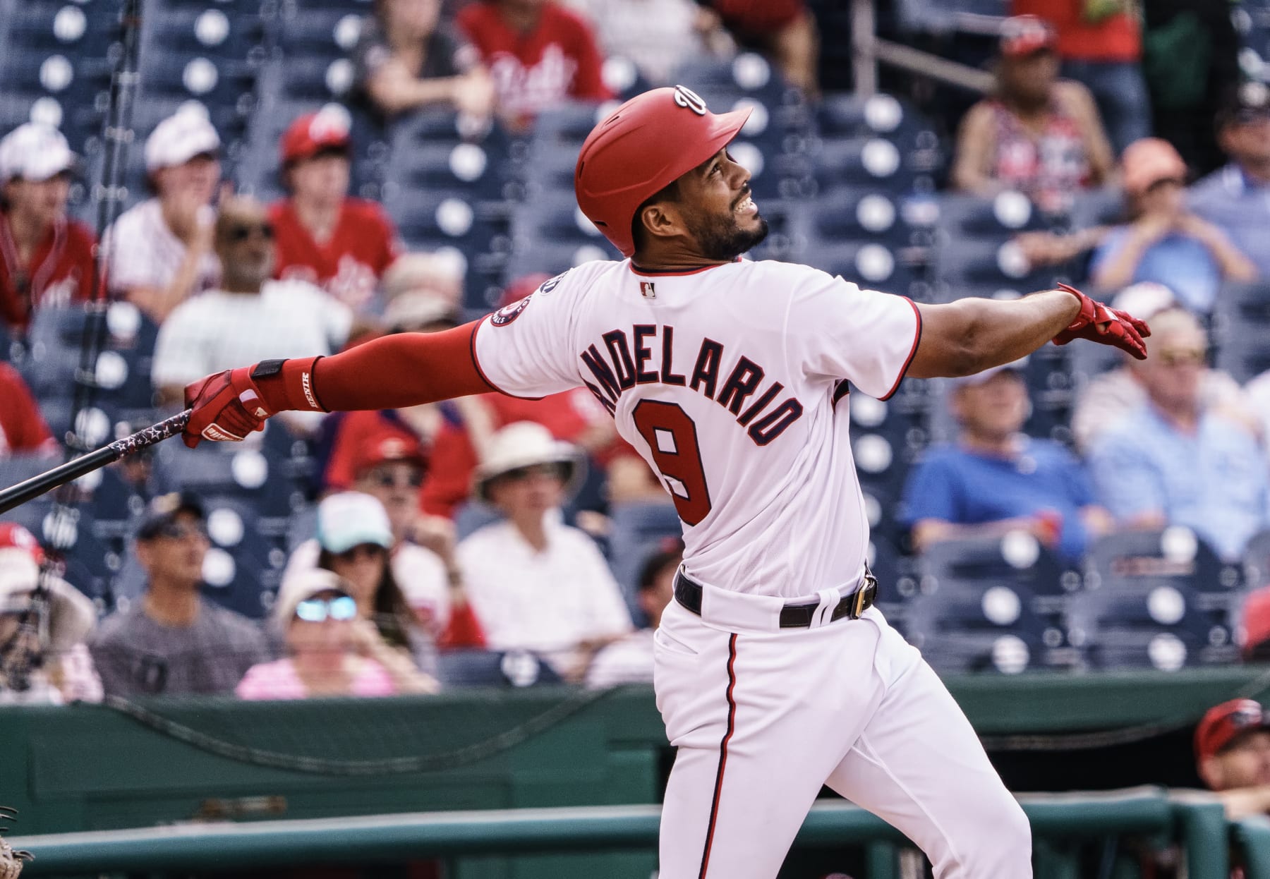 WASHINGTON, DC - JULY 06:  Washington Nationals third baseman Jeimer Candelario (9) checks the flight of his hit during a MLB game between the Washington Nationals and the Cincinnati Reds on July 06, 2023 at Nationals Park, in Washington DC.
(Photo by Tony Quinn/Icon Sportswire via Getty Images)