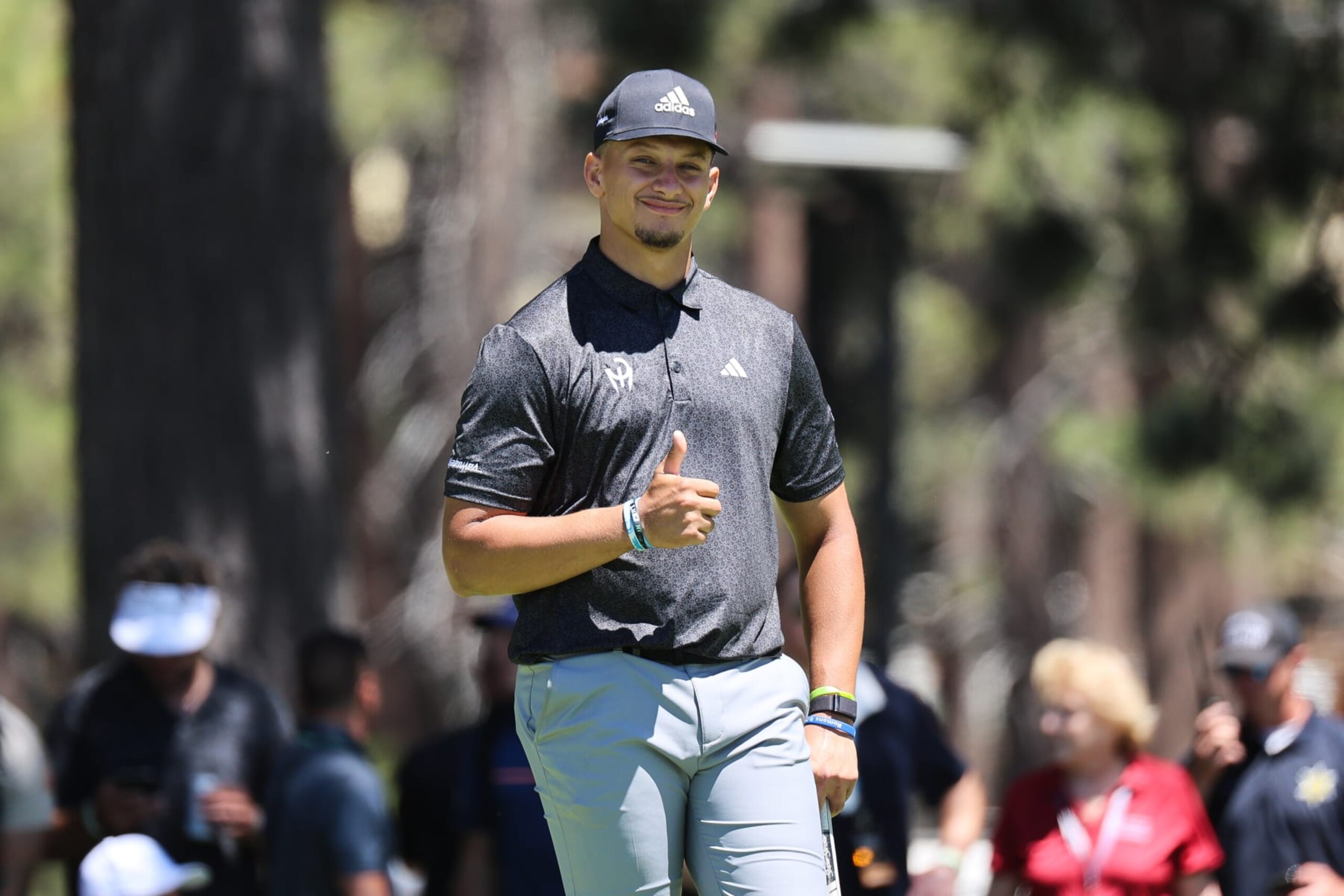 STATELINE, NEVADA - JULY 14: Patrick Mahomes of the NFL Kansas City Chiefs puts a thumbs up to the crowd on Day One of the 2023 American Century Championship at Edgewood Tahoe Golf Course on July 14, 2023 in Stateline, Nevada. (Photo by Isaiah Vazquez/Getty Images)