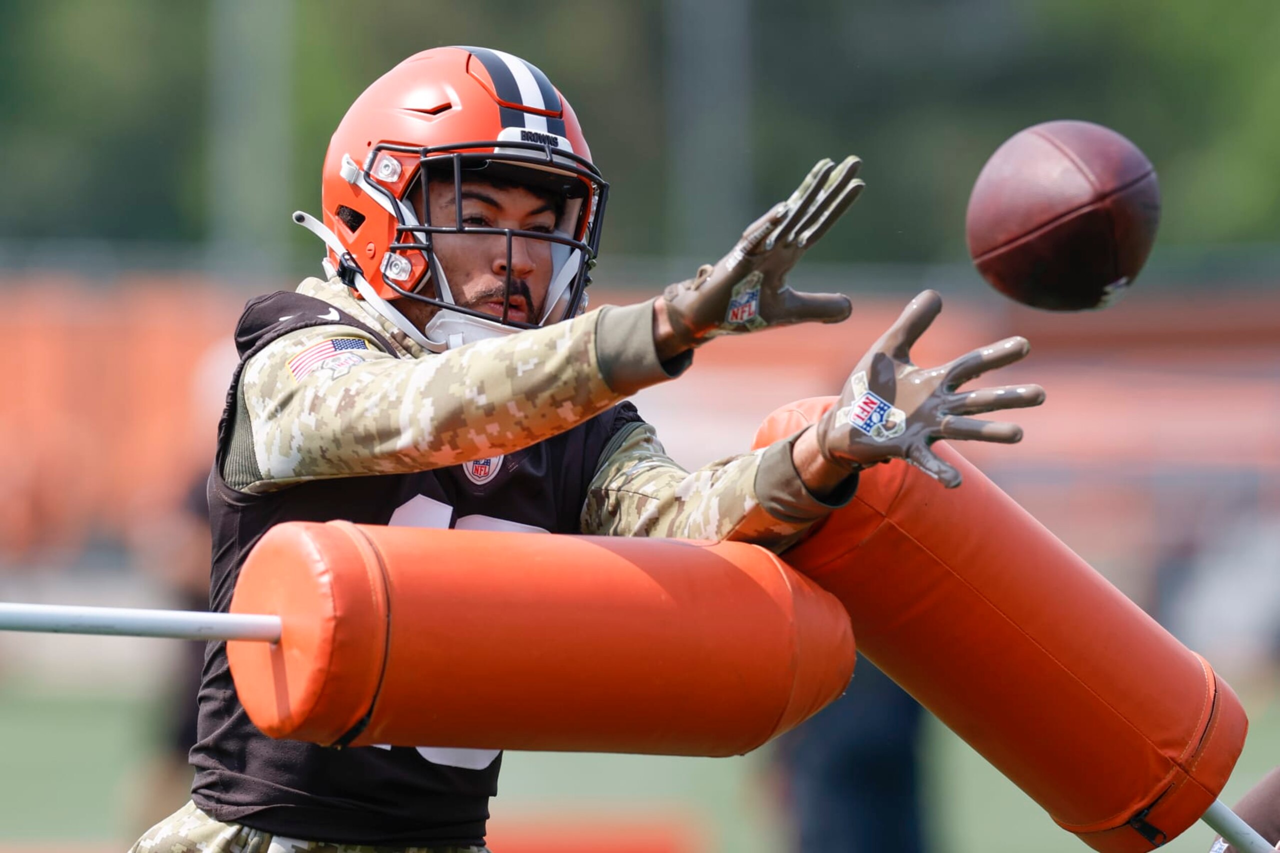 Cleveland Browns wide receiver Anthony Schwartz takes part in drills at the NFL football team's practice facility Wednesday, June 7, 2023, in Berea, Ohio. (AP Photo/Ron Schwane)