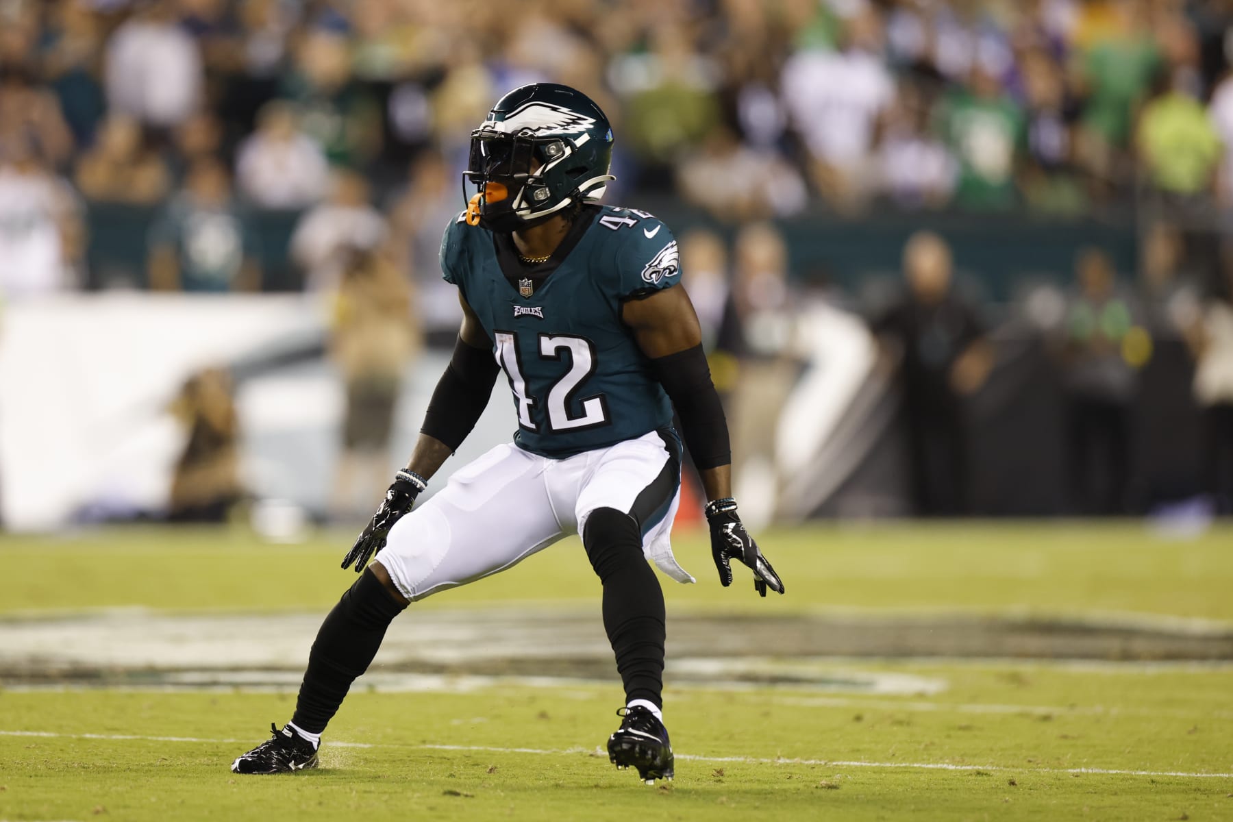 Philadelphia Eagles defensive back K'Von Wallace (42) drops in coverage during an NFL football game against the Minnesota Vikings on Monday, September 19, 2022, in Philadelphia. (AP Photo/Matt Patterson)