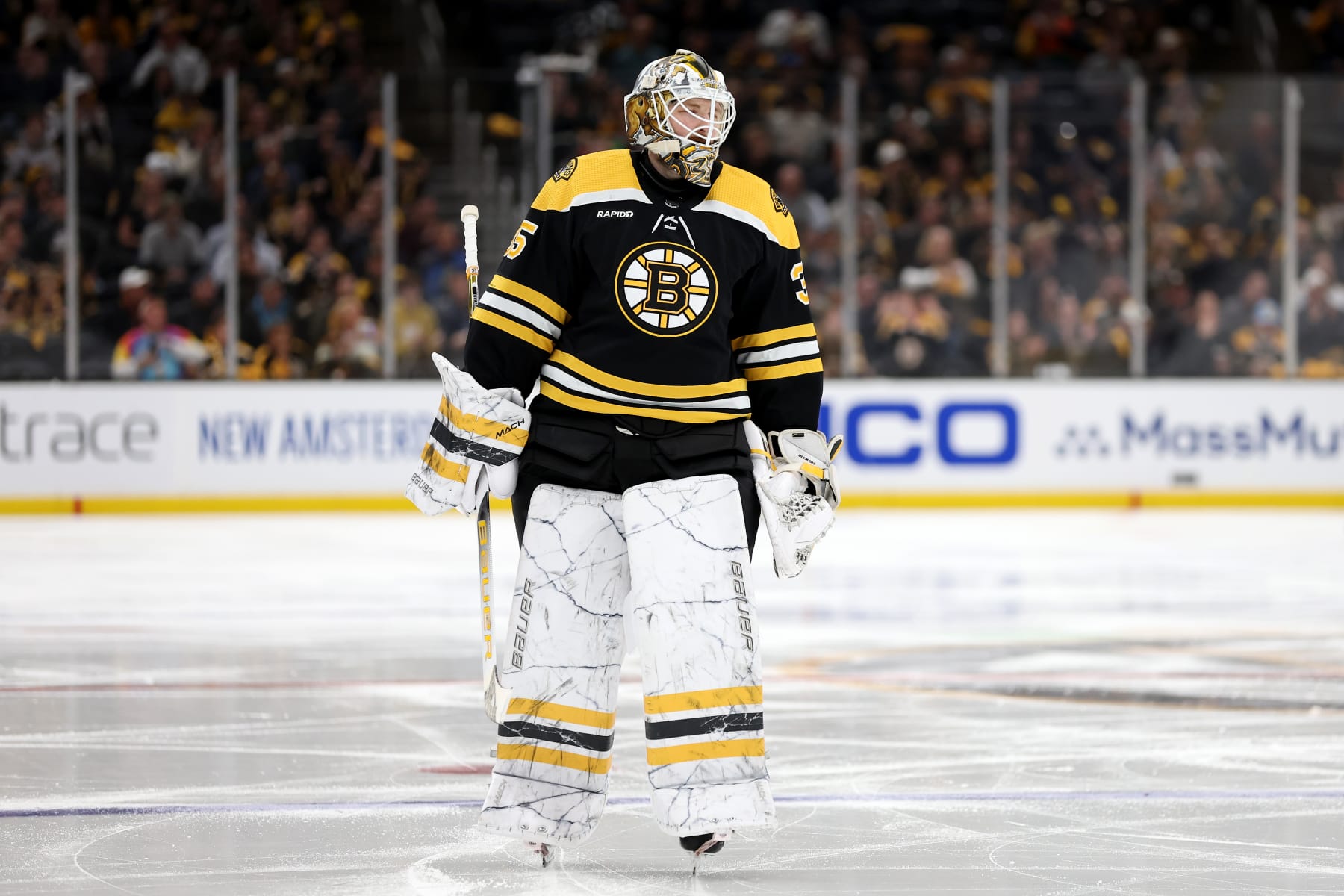 BOSTON, MASSACHUSETTS - APRIL 26: Linus Ullmark #35 of the Boston Bruins reacts against the Florida Panthers during the second period in Game Five of the First Round of the 2023 Stanley Cup Playoffs at TD Garden on April 26, 2023 in Boston, Massachusetts. (Photo by Maddie Meyer/Getty Images)