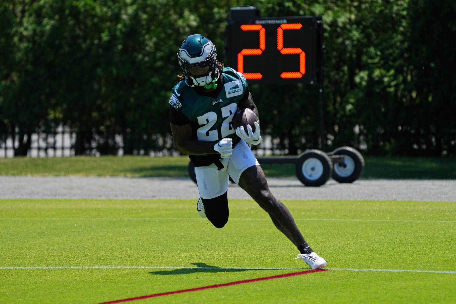 PHILADELPHIA, PA - JUNE 01: Philadelphia Eagles running back Trey Sermon (22) participates in the Philadelphia Eagles OTA on June 1, 2023 at the NovaCare Training Complex in Philadelphia, Pa. (Photo by Andy Lewis/Icon Sportswire via Getty Images)