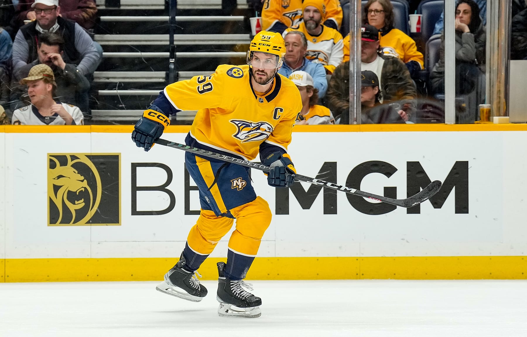 NASHVILLE, TENNESSEE - FEBRUARY 28: Roman Josi #59 of the Nashville Predators skates against the Pittsburgh Penguins during an NHL game at Bridgestone Arena on February 28, 2023 in Nashville, Tennessee. (Photo by John Russell/NHLI via Getty Images)