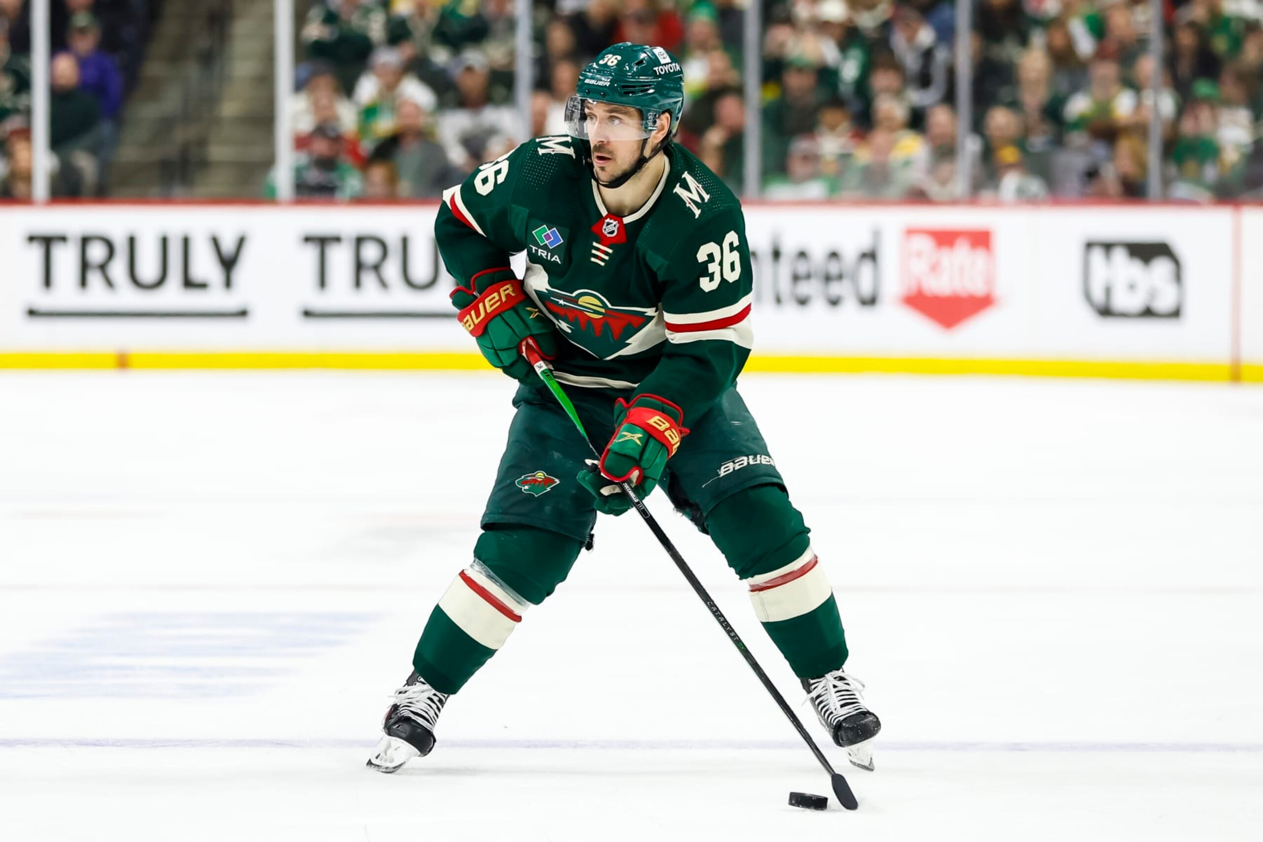 ST PAUL, MN - APRIL 21: Mats Zuccarello #36 of the Minnesota Wild skates with the puck against the Dallas Stars in the second period of Game Three of the First Round of the 2023 Stanley Cup Playoffs at Xcel Energy Center on April 21, 2023 in St Paul, Minnesota. The Wild defeated the Stars 2-1 to take a 2-1 series lead. (Photo by David Berding/Getty Images)