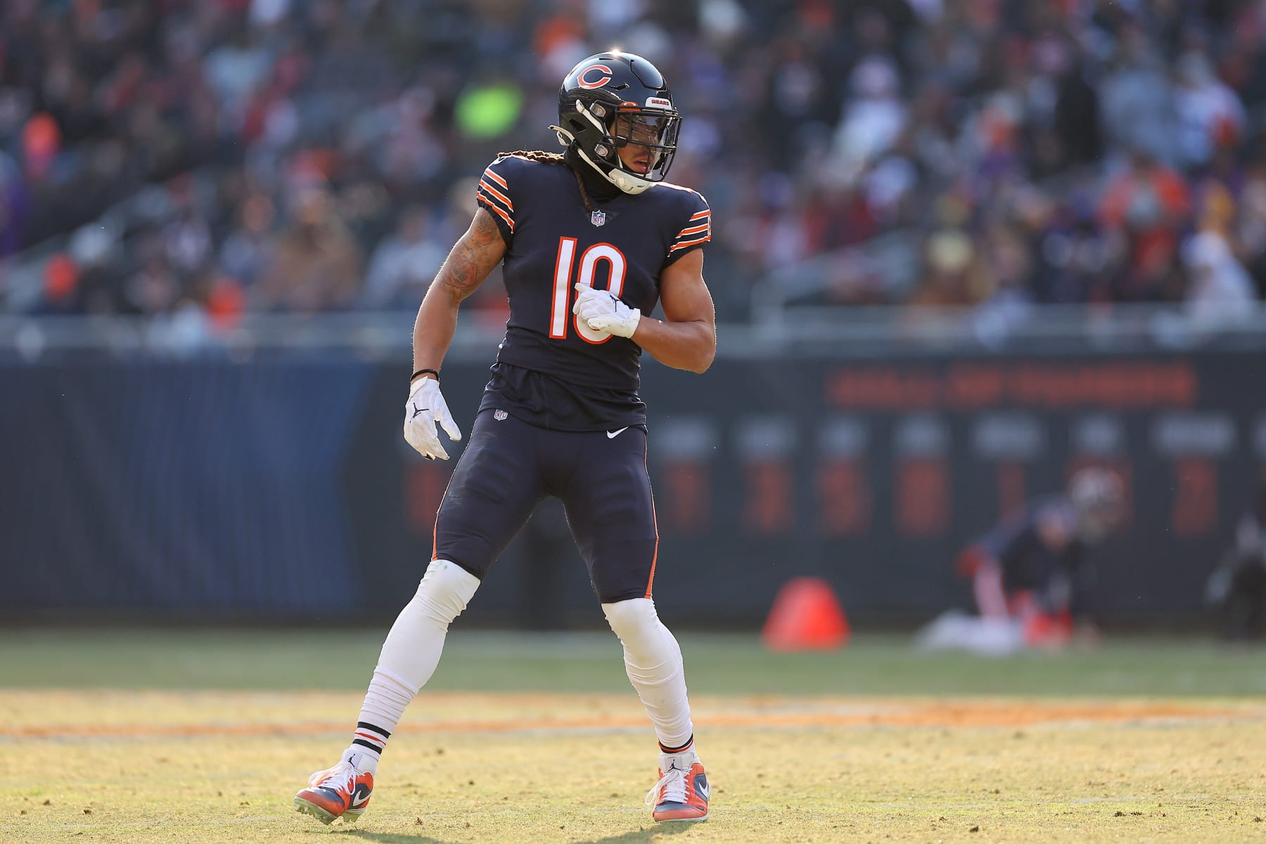 CHICAGO, ILLINOIS - JANUARY 08: Chase Claypool #10 of the Chicago Bears looks on against the Minnesota Vikings at Soldier Field on January 08, 2023 in Chicago, Illinois. (Photo by Michael Reaves/Getty Images)