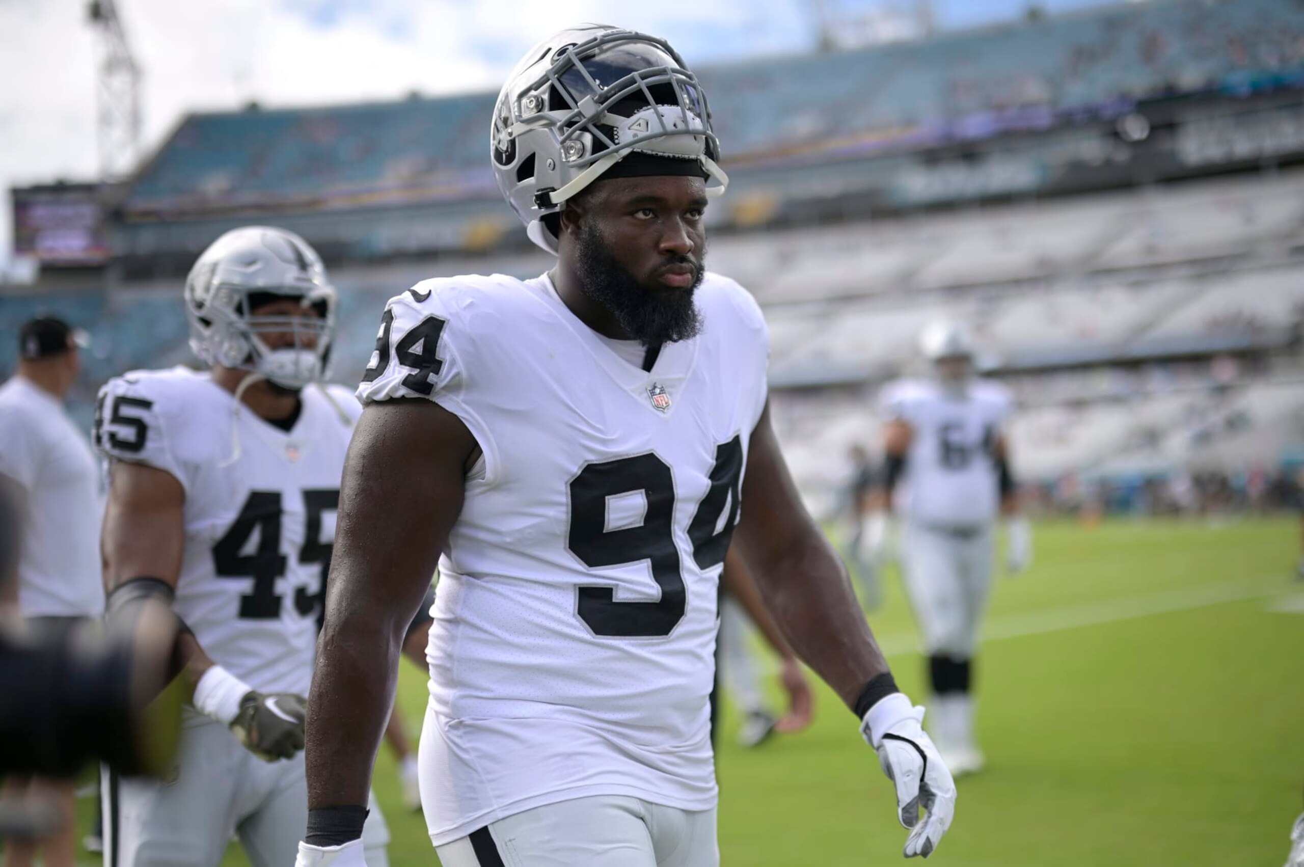 Las Vegas Raiders defensive tackle Matthew Butler (94) leaves the field after warming up before an NFL football game against the Jacksonville Jaguars, Sunday, Nov. 6, 2022, in Jacksonville, Fla. (AP Photo/Phelan M. Ebenhack) Las Vegas Raiders defensive tackle Matthew Butler (94) leaves the field after warming up before an NFL football game against the Jacksonville Jaguars, Sunday, Nov. 6, 2022, in Jacksonville, Fla. (AP Photo/Phelan M. Ebenhack)