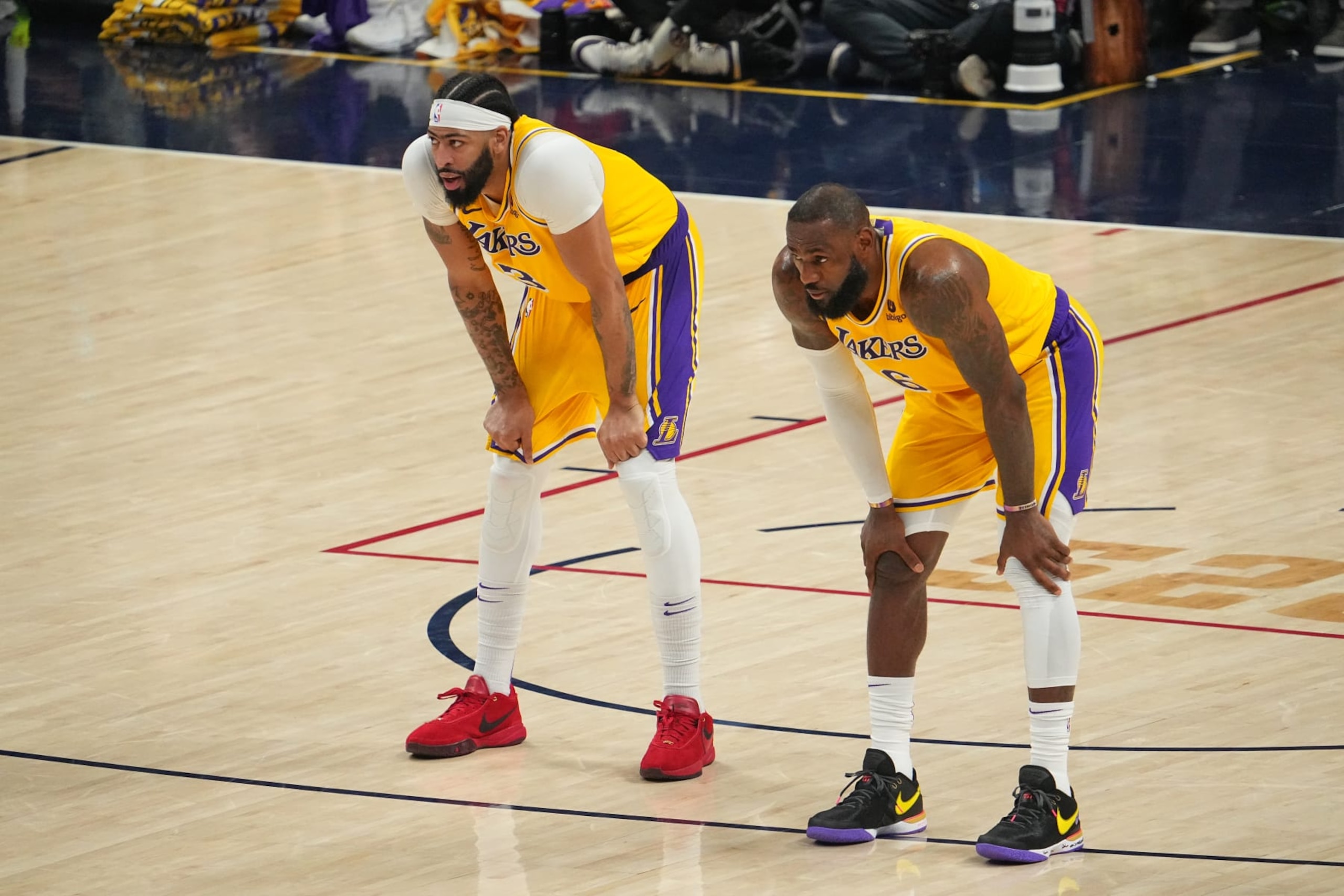 DENVER, CO - MAY 18:  Anthony Davis #3 and LeBron James #6 of the Los Angeles Lakers look on during Game 2 of the 2023 NBA Playoffs Western Conference Finals against the Denver Nuggets on May 18, 2023 at the Ball Arena in Denver, Colorado. NOTE TO USER: User expressly acknowledges and agrees that, by downloading and/or using this Photograph, user is consenting to the terms and conditions of the Getty Images License Agreement. Mandatory Copyright Notice: Copyright 2023 NBAE (Photo by Bart Young/NBAE via Getty Images)