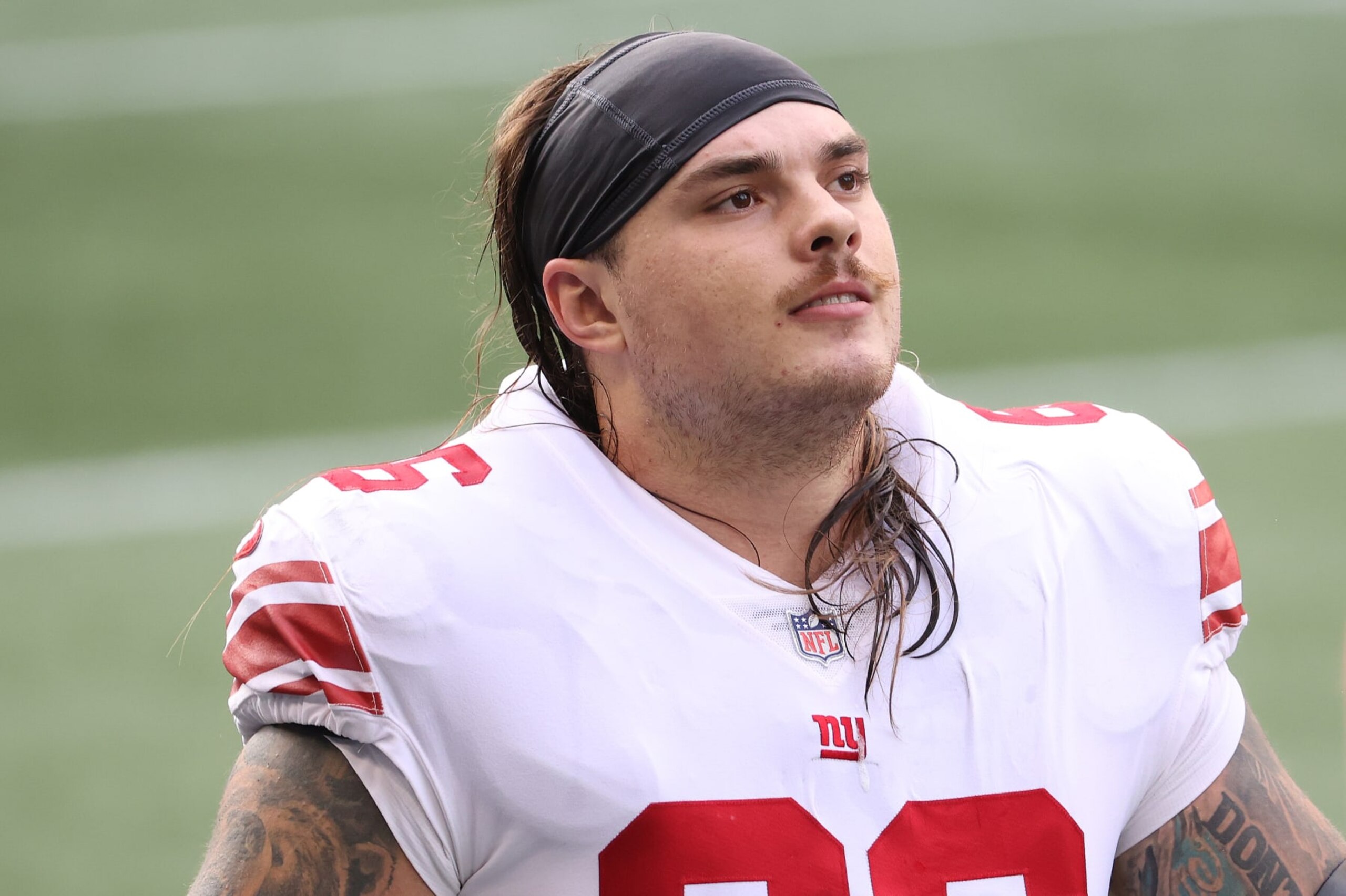 SEATTLE, WASHINGTON - DECEMBER 06: Shane Lemieux #66 of the New York Giants looks on before their game against the Seattle Seahawks at Lumen Field on December 06, 2020 in Seattle, Washington. (Photo by Abbie Parr/Getty Images)