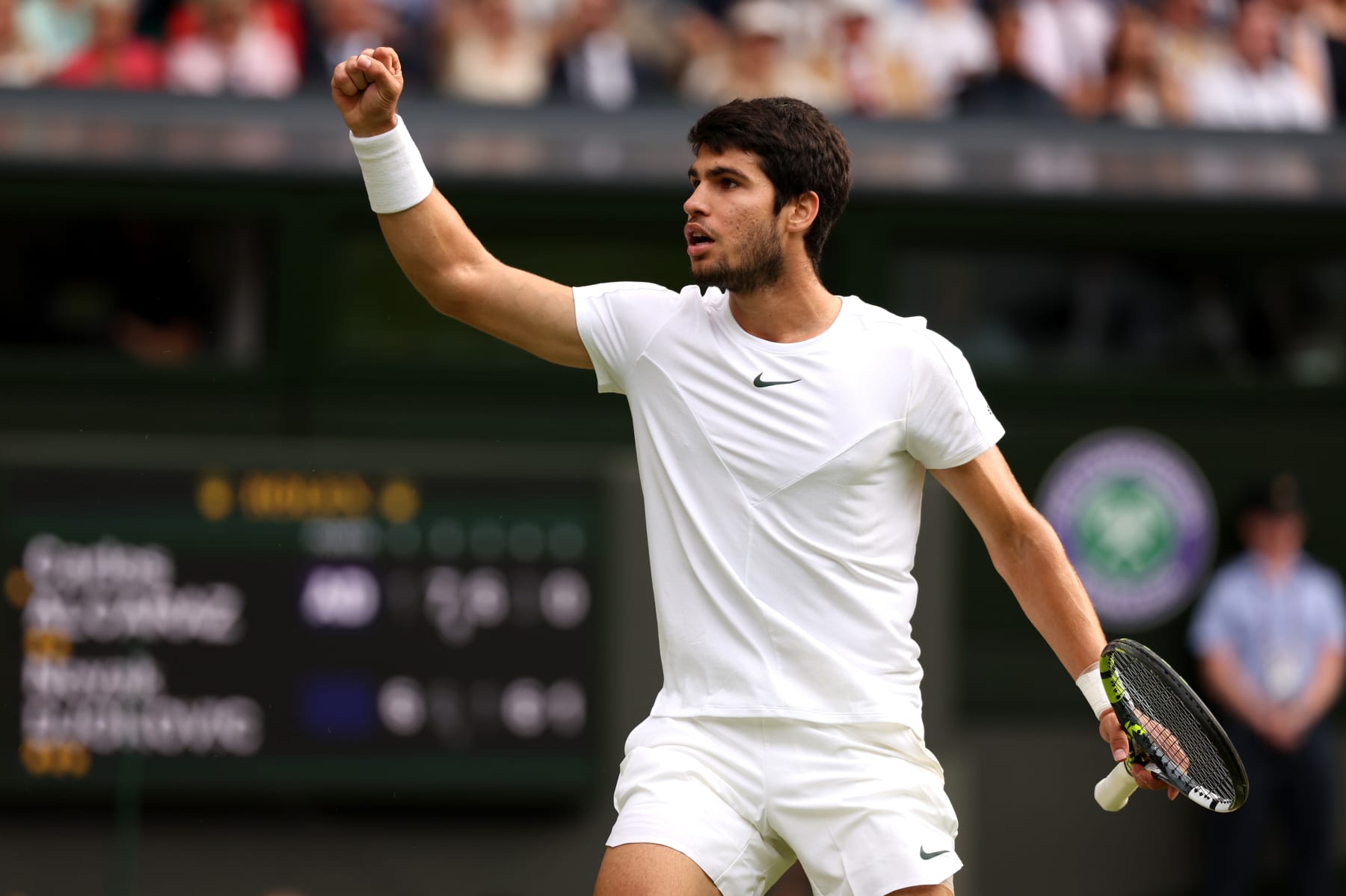 LONDON, ENGLAND - JULY 16: Carlos Alcaraz of Spain celebrates during the Men's Singles Final against Novak Djokovic of Serbia on day fourteen of The Championships Wimbledon 2023 at All England Lawn Tennis and Croquet Club on July 16, 2023 in London, England. (Photo by Julian Finney/Getty Images)