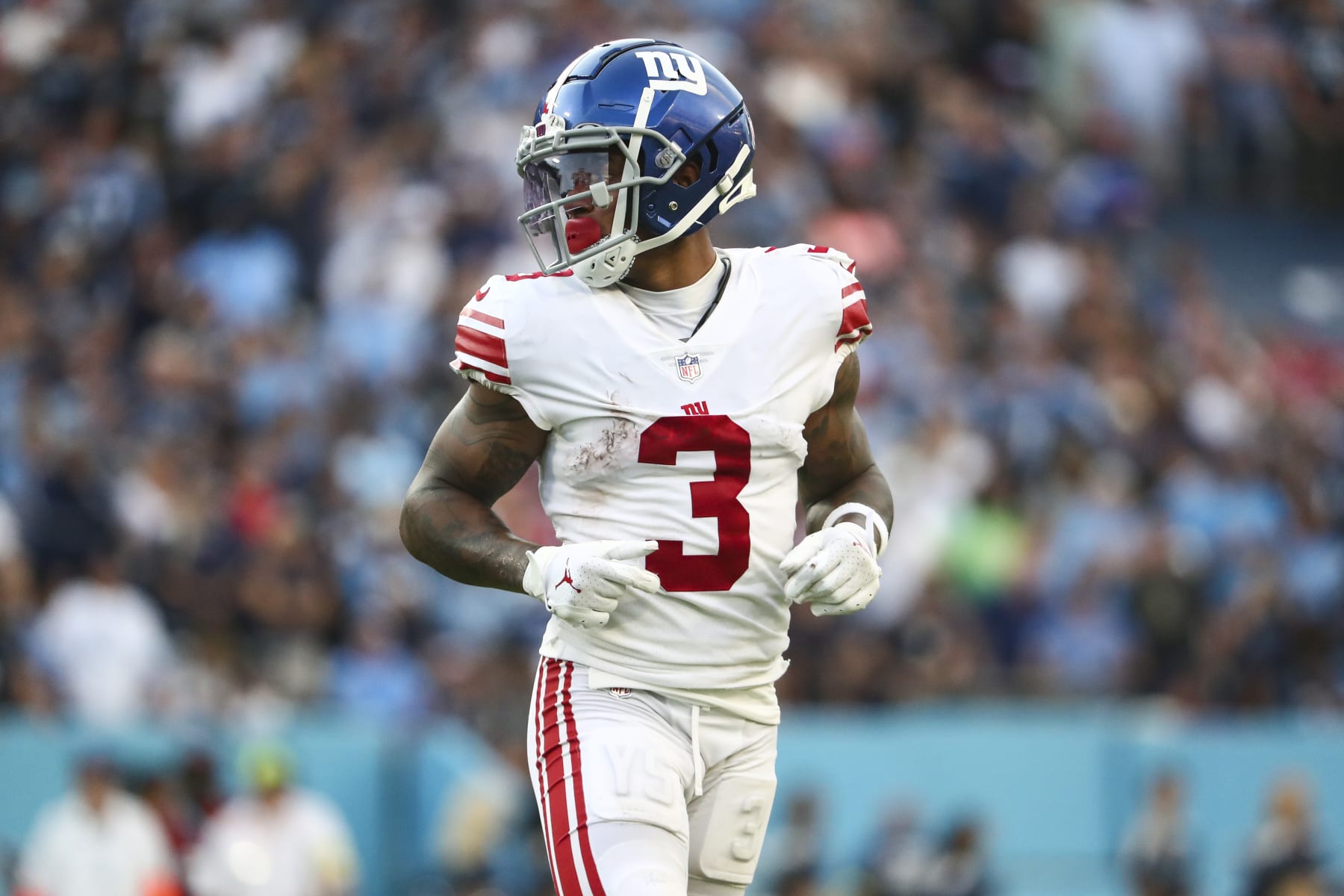 NASHVILLE, FL - SEPTEMBER 11: Sterling Shepard #3 of the New York Giants looks on during an NFL football game against the Tennessee Titans at Nissan Stadium on September 11, 2022 in Nashville, Tennessee. (Photo by Kevin Sabitus/Getty Images)