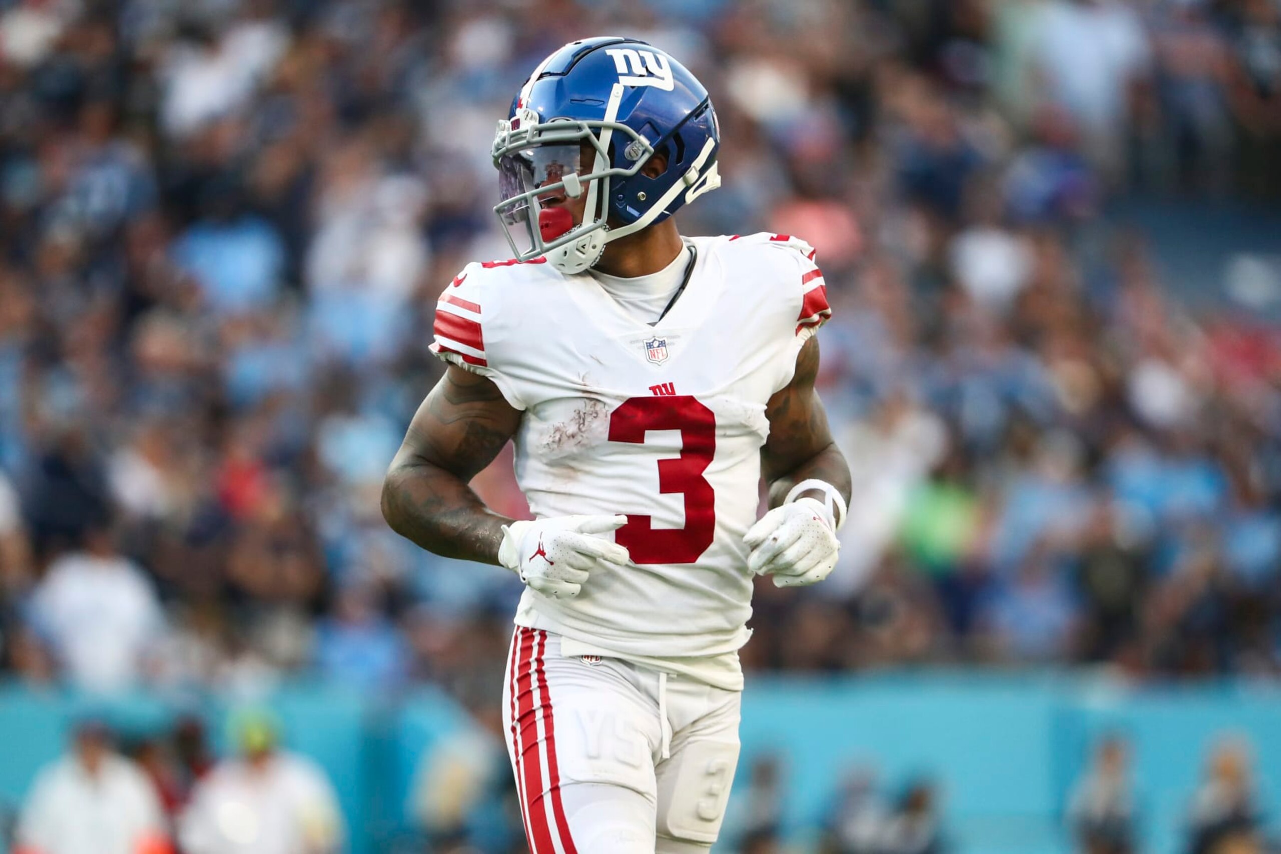 NASHVILLE, FL - SEPTEMBER 11: Sterling Shepard #3 of the New York Giants looks on during an NFL football game against the Tennessee Titans at Nissan Stadium on September 11, 2022 in Nashville, Tennessee. (Photo by Kevin Sabitus/Getty Images)