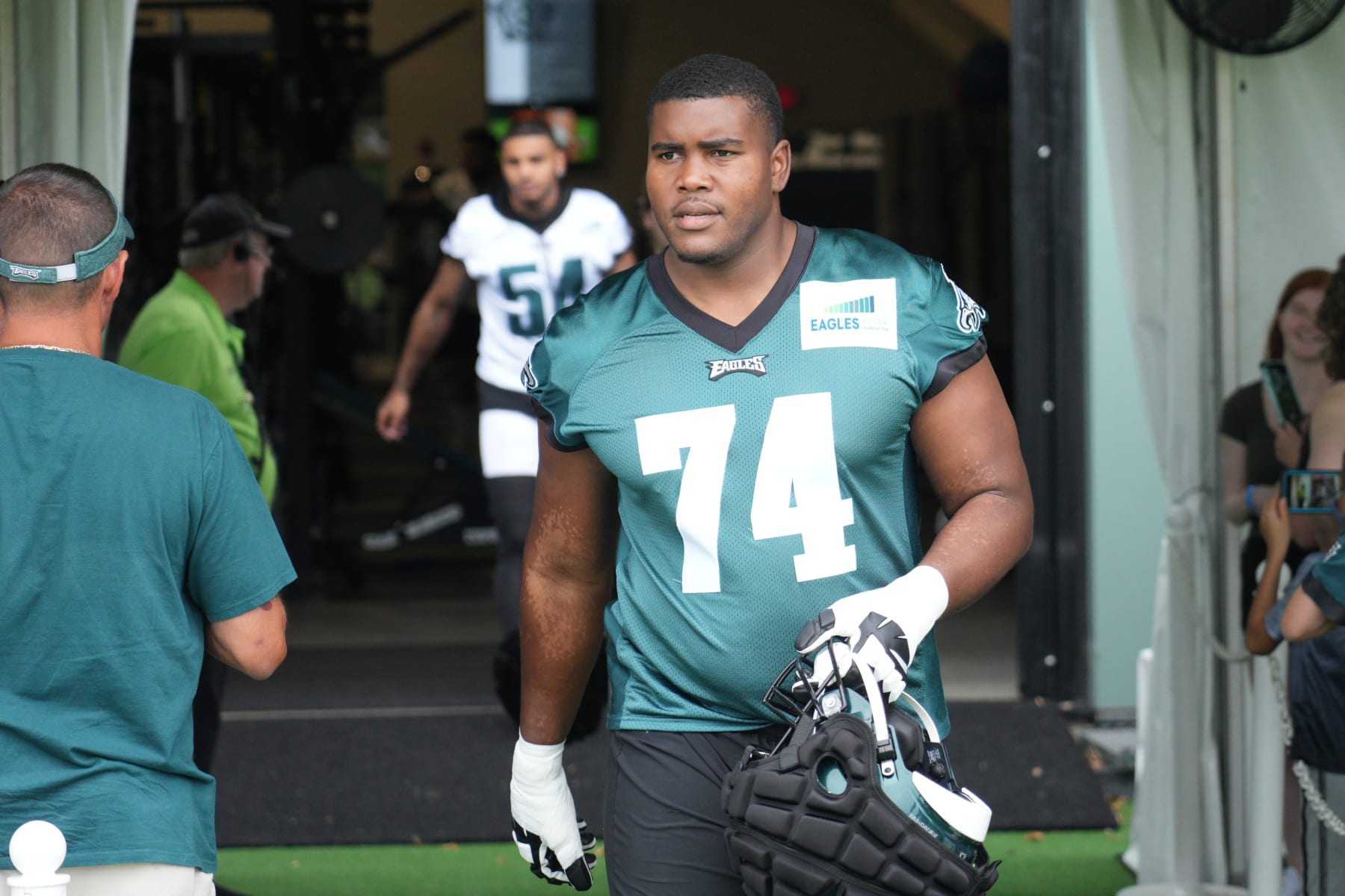 PHILADELPHIA, PA - JULY 29: Philadelphia Eagles offensive tackle LeRaven Clark (74) participates in training camp on July 29, 2022 at the NovaCare Complex in Philadelphia PA. (Photo by Andy Lewis/Icon Sportswire via Getty Images)