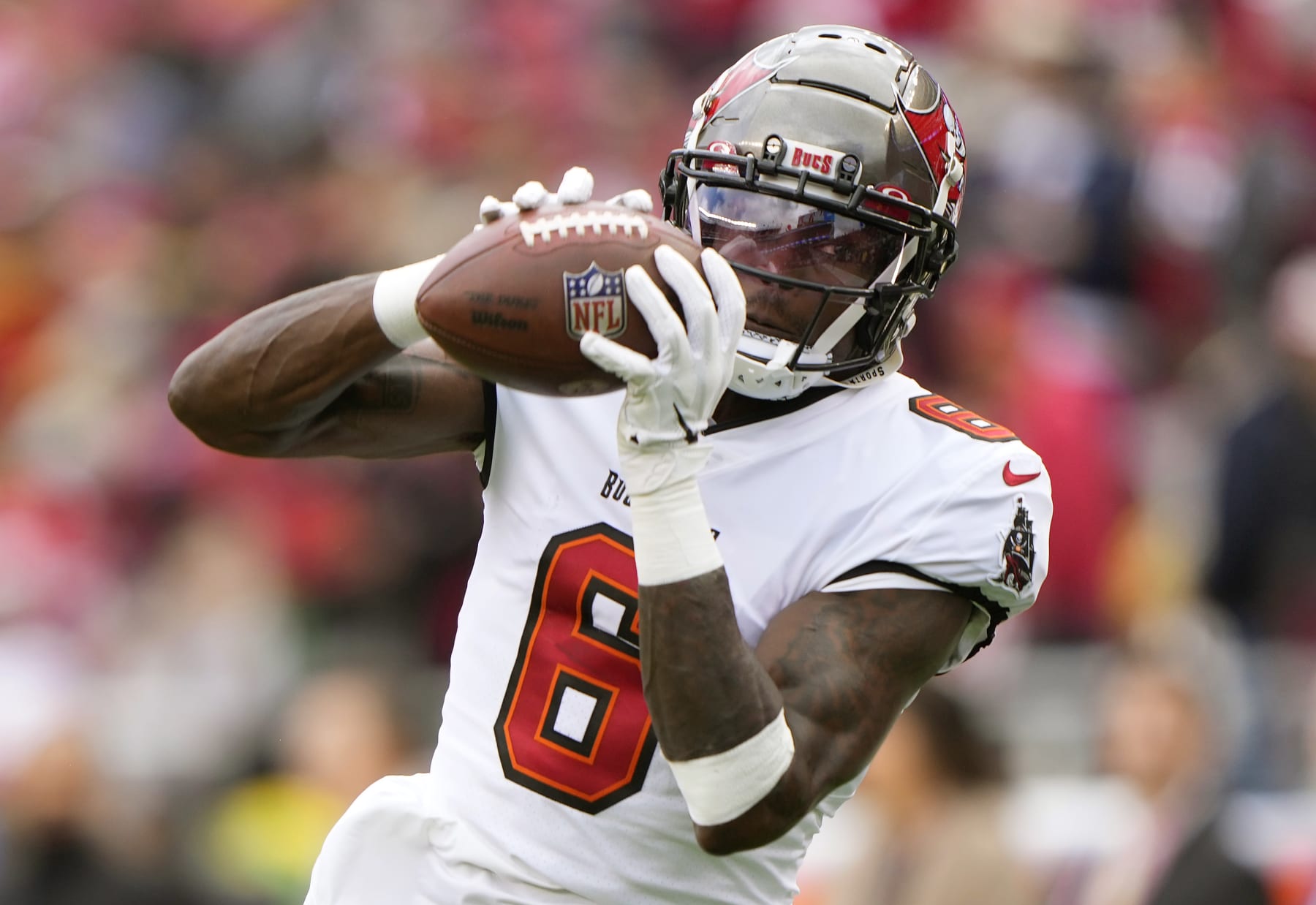 SANTA CLARA, CALIFORNIA - DECEMBER 11: Julio Jones #6 of the Tampa Bay Buccaneers warms up during pregame warm ups prior to the start of the game against the San Francisco 49ers at Levi's Stadium on December 11, 2022 in Santa Clara, California. (Photo by Thearon W. Henderson/Getty Images)